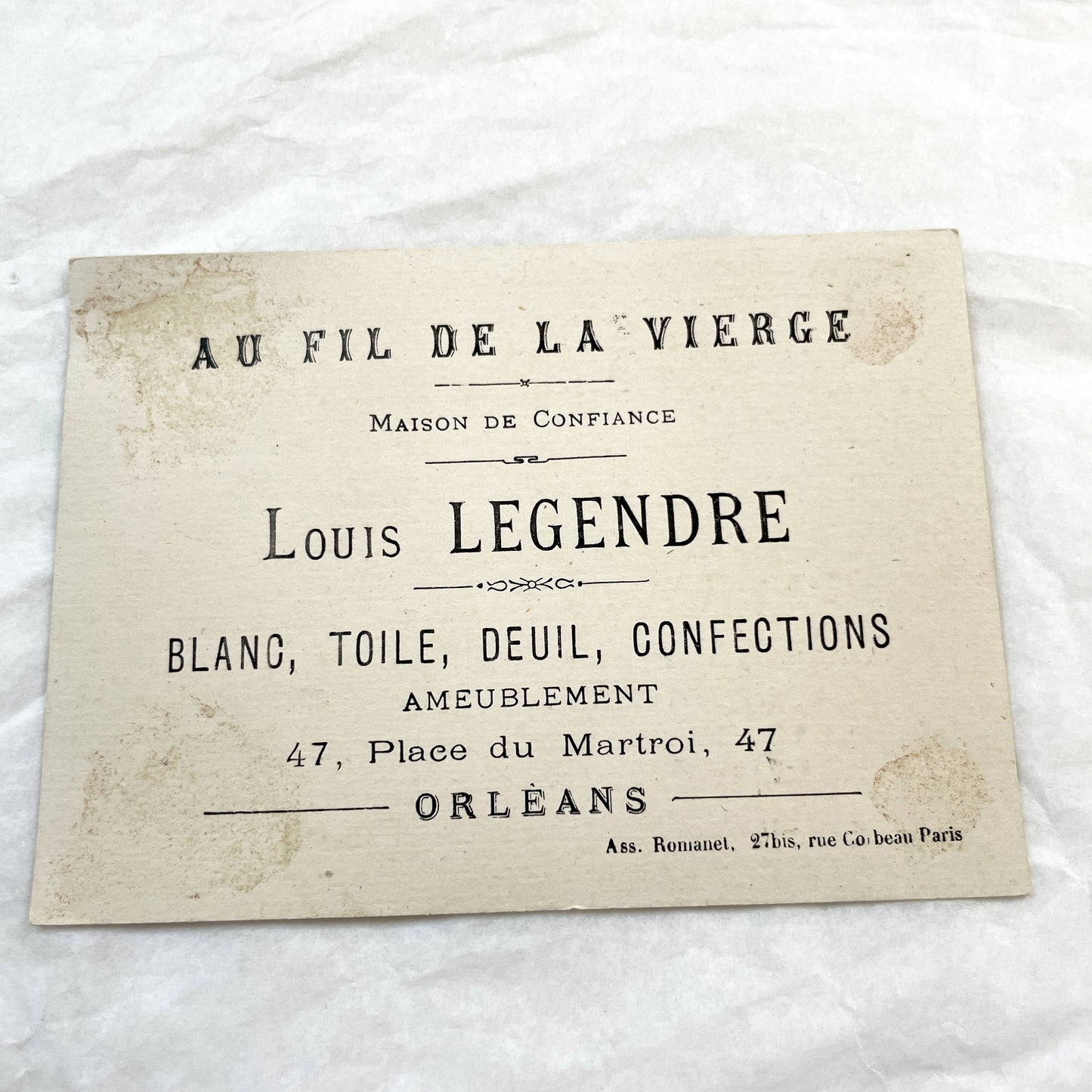 Late 19th - Three Antique French Trade Cards - Louis Legendre Orleans Advertising Chromolithograph Vignettes - Vintage Haberdashery Ephemera