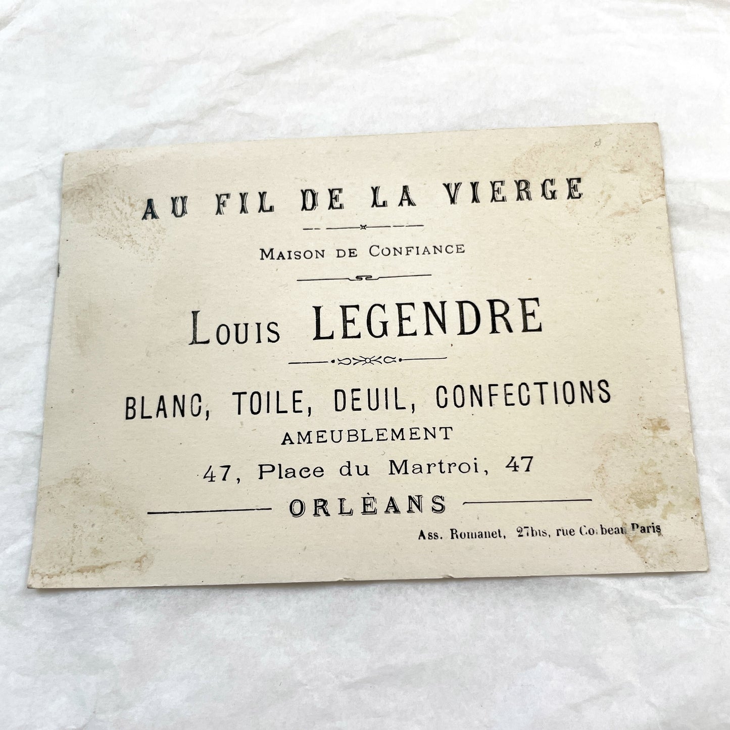 Late 19th - Three Antique French Trade Cards - Louis Legendre Orleans Advertising Chromolithograph Vignettes - Vintage Haberdashery Ephemera
