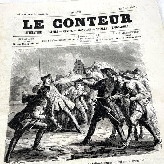 Late 19th century French newspaper 'Le Conteur' from 1881, featuring an engraving of a fight scene with swords and pistols.