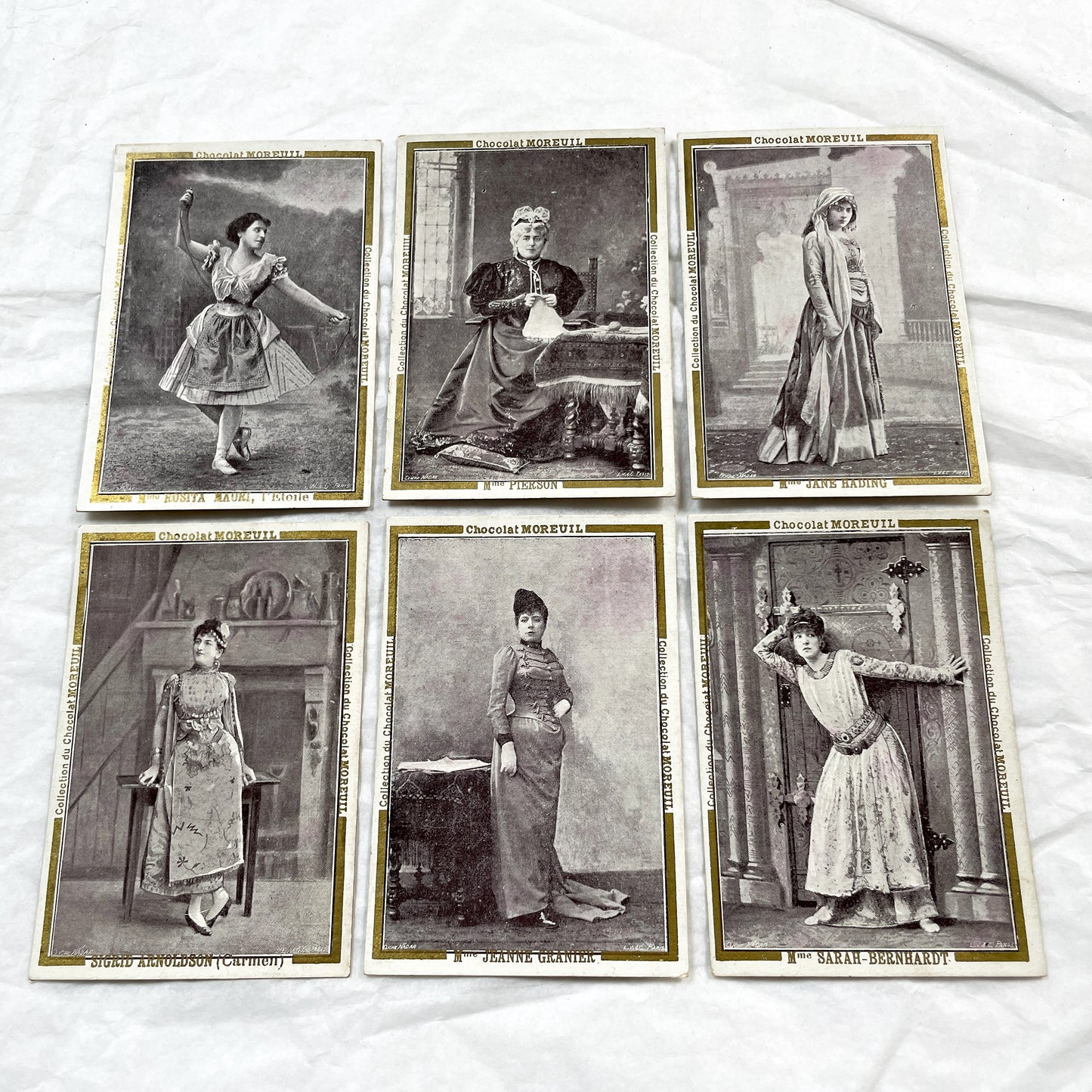 Late 19th - Six French Chocolat Moreuil Trade Cards - Belle Epoque Actresses - Sarah Bernhardt - Rosita Mauri - Set of Six Collectibles