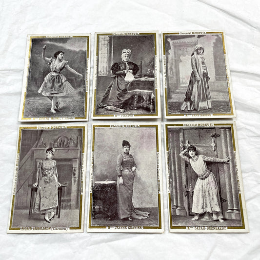 Late 19th - Six French Chocolat Moreuil Trade Cards - Belle Epoque Actresses - Sarah Bernhardt - Rosita Mauri - Set of Six Collectibles