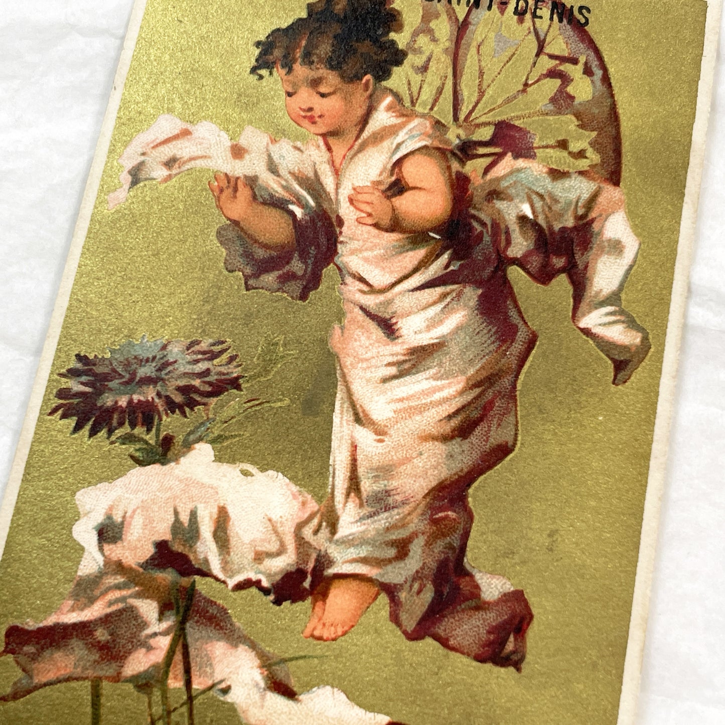 Late 19th - Vintage French Chromo Postcard - Cherub Angel Butterfly Wings - Gilt Background Art Print - Antique Ephemera Collectible