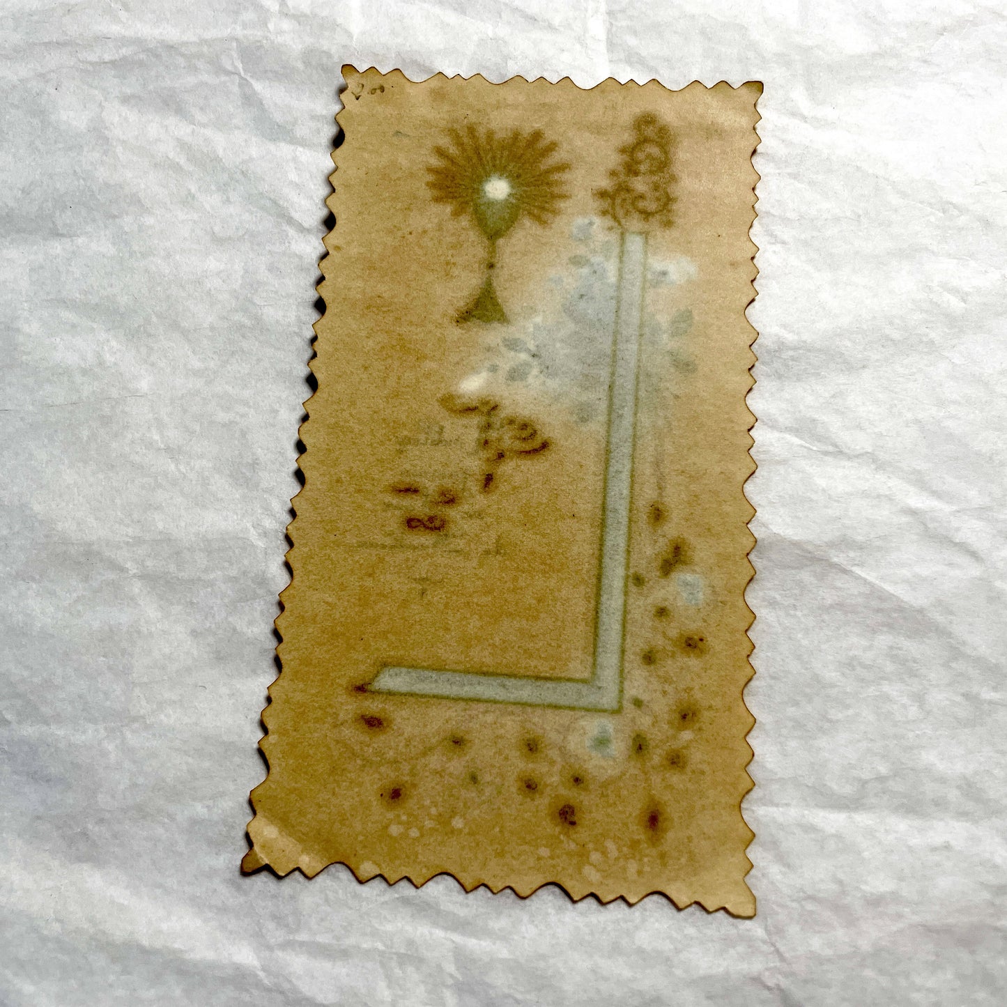 1910s - Ornate First Communion Card - Hand-Painted Religious Memento with Monstrance and Chalice - French Scripture - Spiritual Reflection