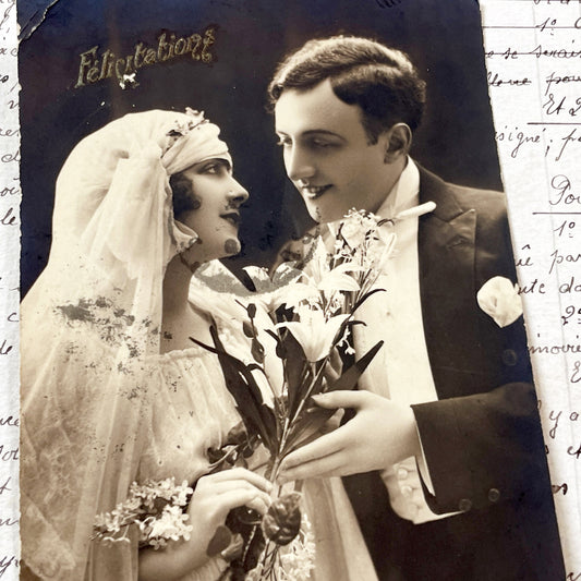 1910s - Vintage French Wedding Postcard - Sepia Bride Groom Photo - Félicitations - Antique Romance Ephemera - Collectible