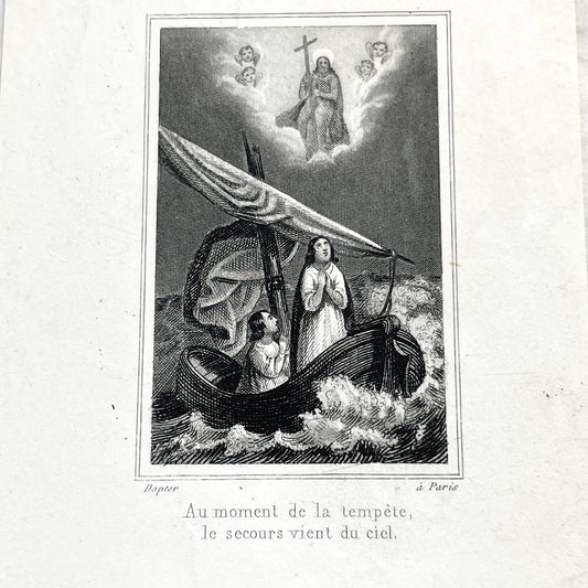 Late 19th - Vintage Religious Print - Divine Intervention During a Storm - Jesus and Angels Appearing to Seafarers - French Text
