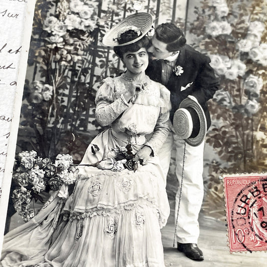 1900s - French Romantic Kiss Postcard - Belle Époque Couple - Edwardian Fashion - Vintage Love Letter Ephemera - Collectible Paper Art