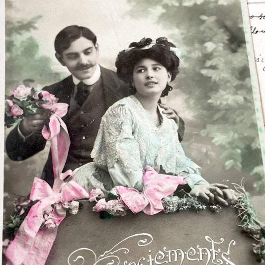 1900s - Vintage French Remerciements Postcard - Hand Tinted Sepia Photo - Edwardian Couple - Floral Design - Antique Collectible Art