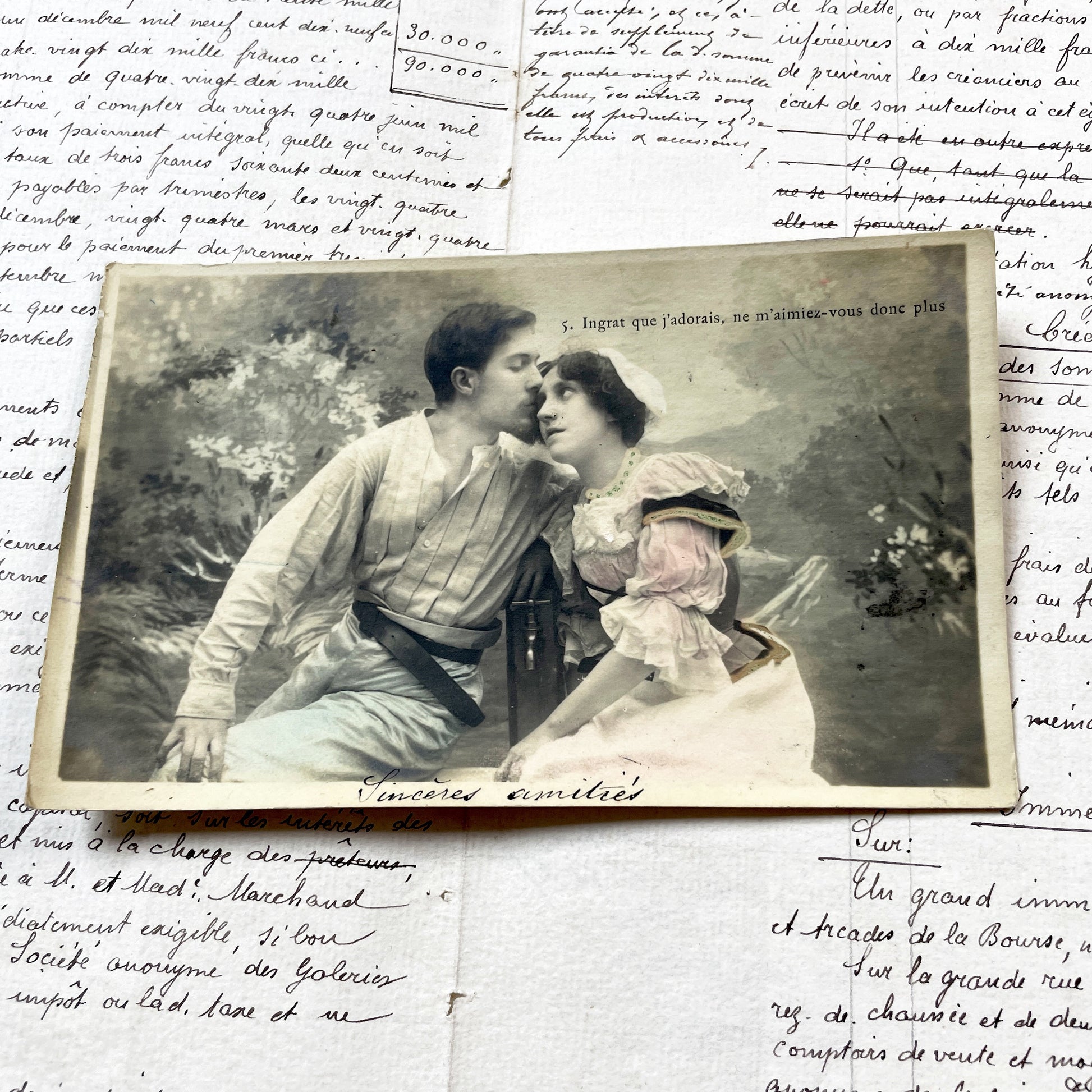 1900s - French Romantic Postcard - Sepia Photo Man Kissing Woman - Belle Epoque Love Sentiment - Antique Sweetheart Card