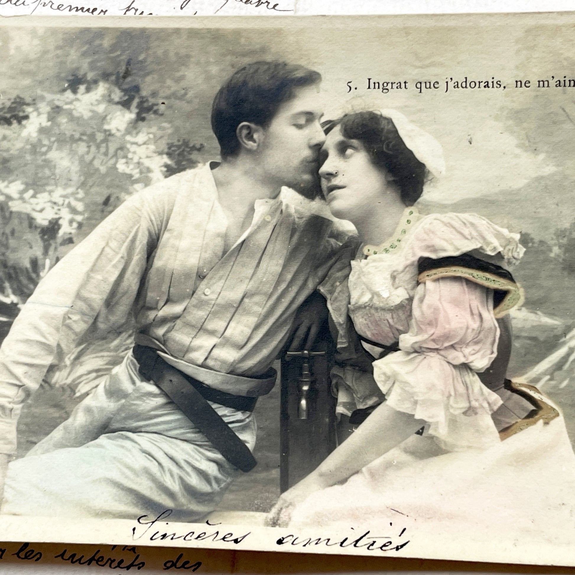 1900s - French Romantic Postcard - Sepia Photo Man Kissing Woman - Belle Epoque Love Sentiment - Antique Sweetheart Card