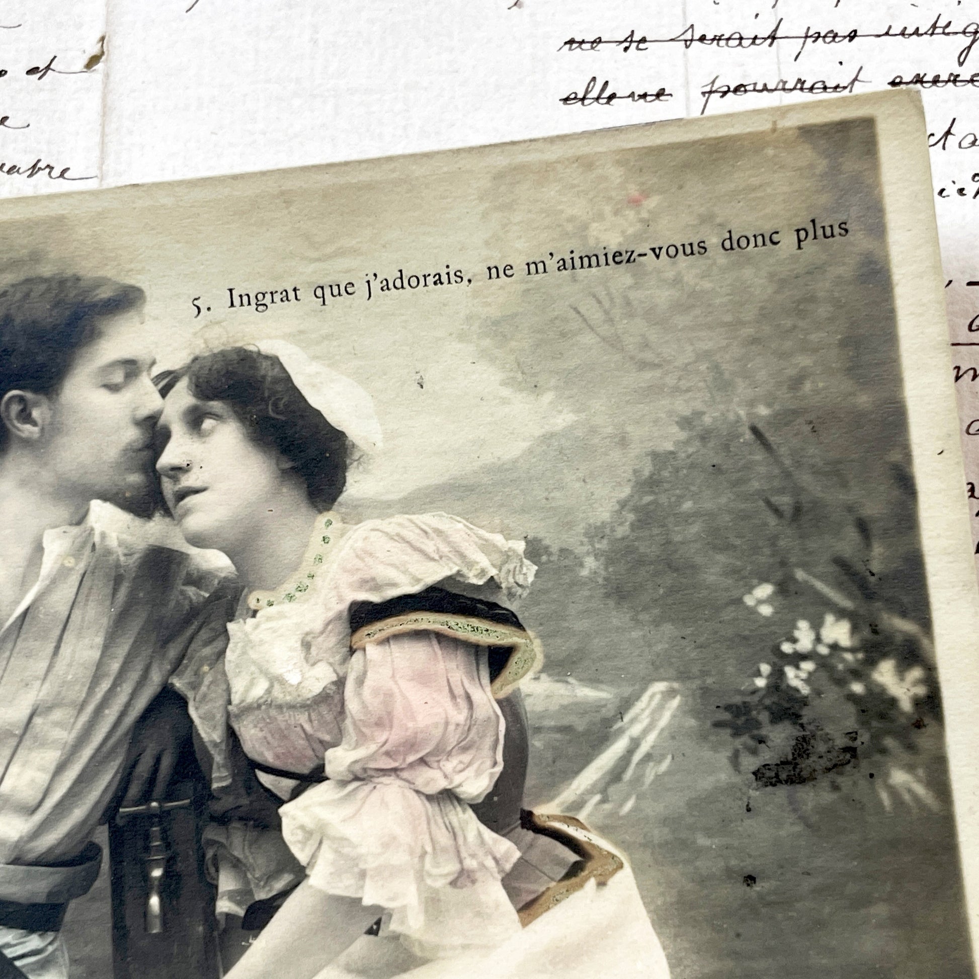 1900s - French Romantic Postcard - Sepia Photo Man Kissing Woman - Belle Epoque Love Sentiment - Antique Sweetheart Card