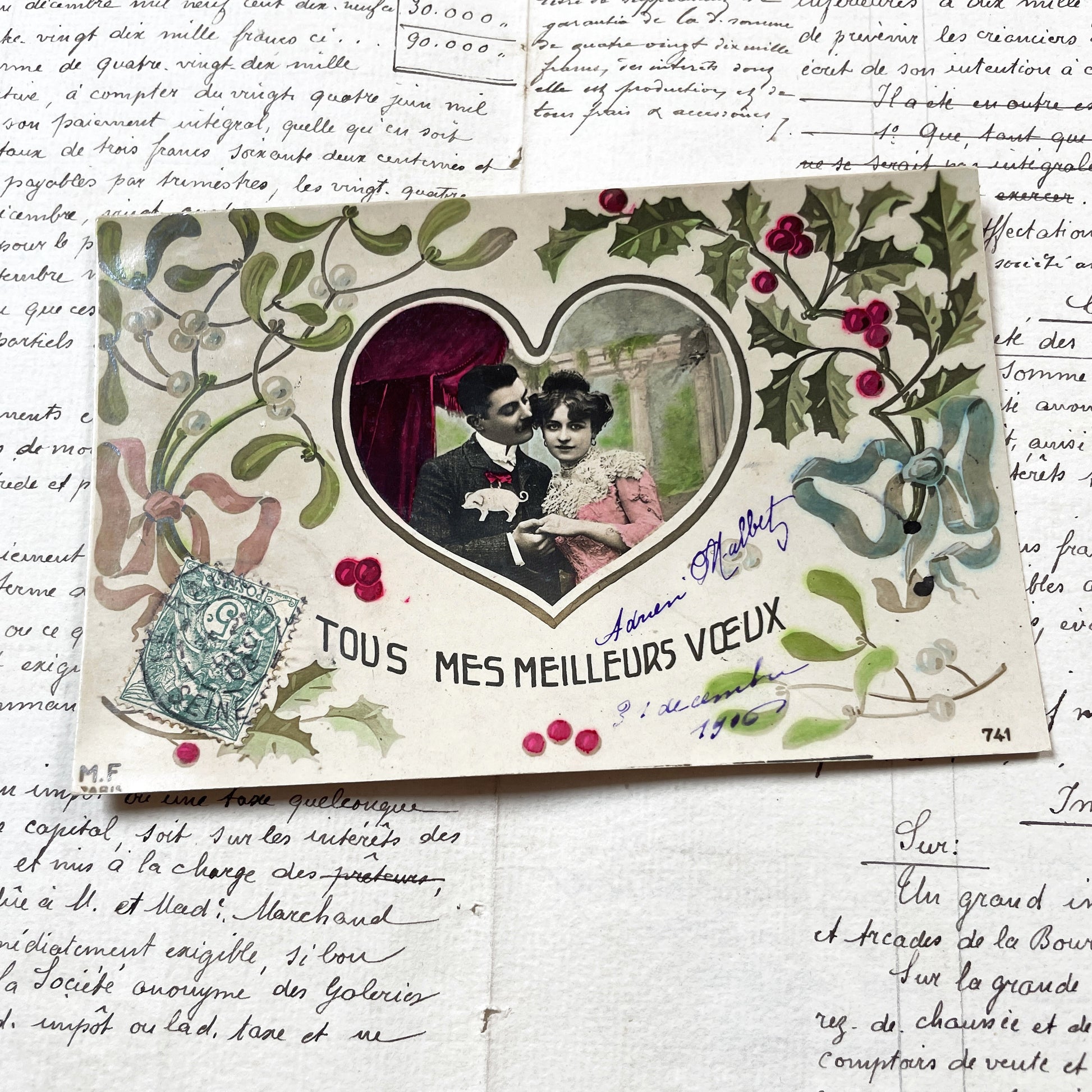 1900s - Vintage French Postcard - Romantic Couple Portrait - New Year Good Luck Pig - Mistletoe Holly Holiday Greeting Card - Antique