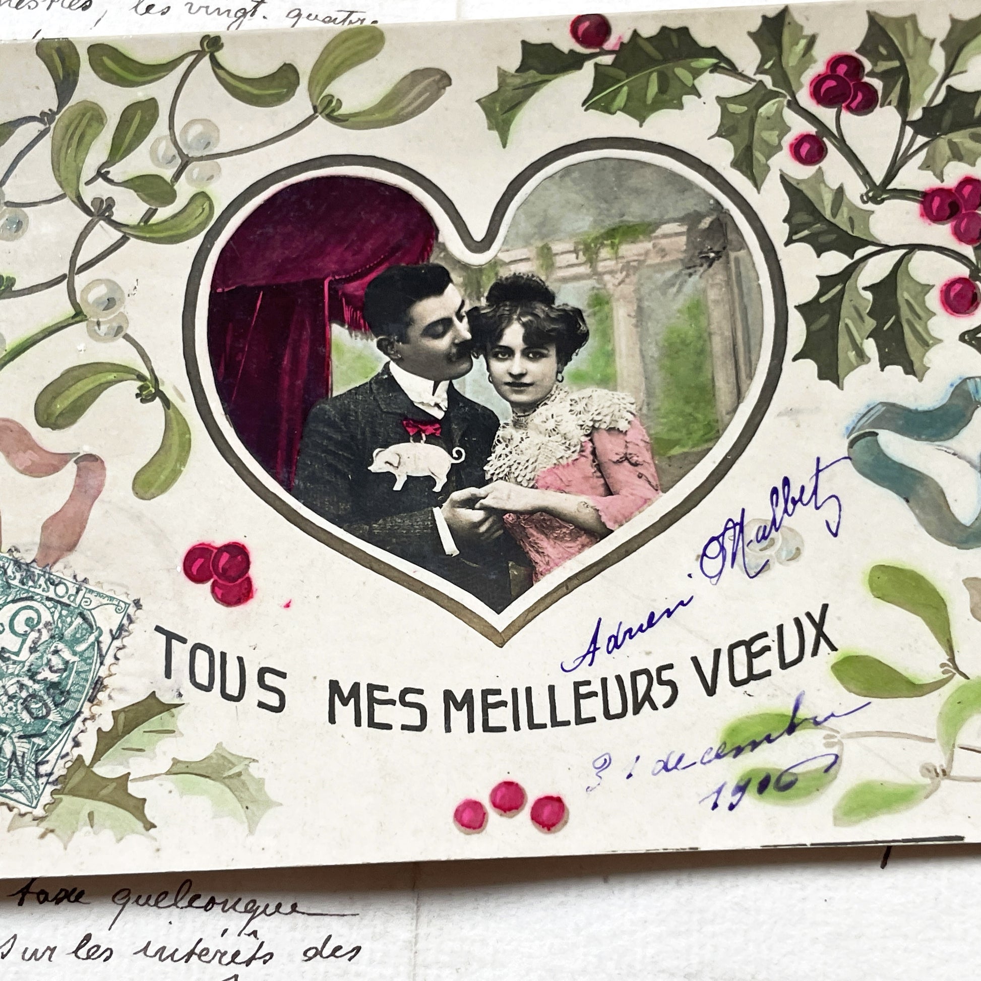 1900s - Vintage French Postcard - Romantic Couple Portrait - New Year Good Luck Pig - Mistletoe Holly Holiday Greeting Card - Antique