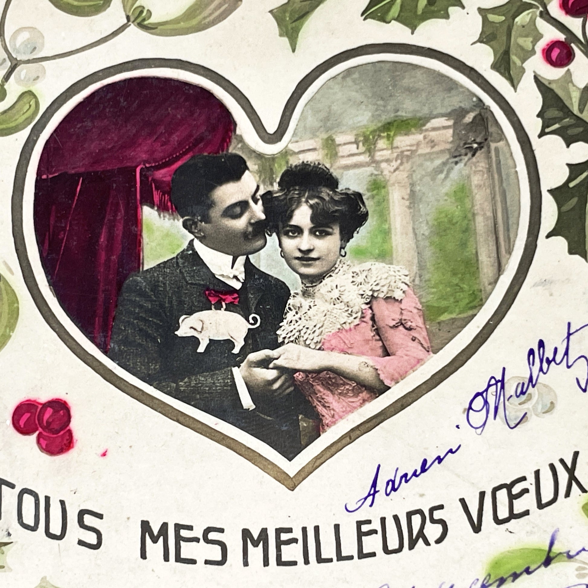 1900s - Vintage French Postcard - Romantic Couple Portrait - New Year Good Luck Pig - Mistletoe Holly Holiday Greeting Card - Antique