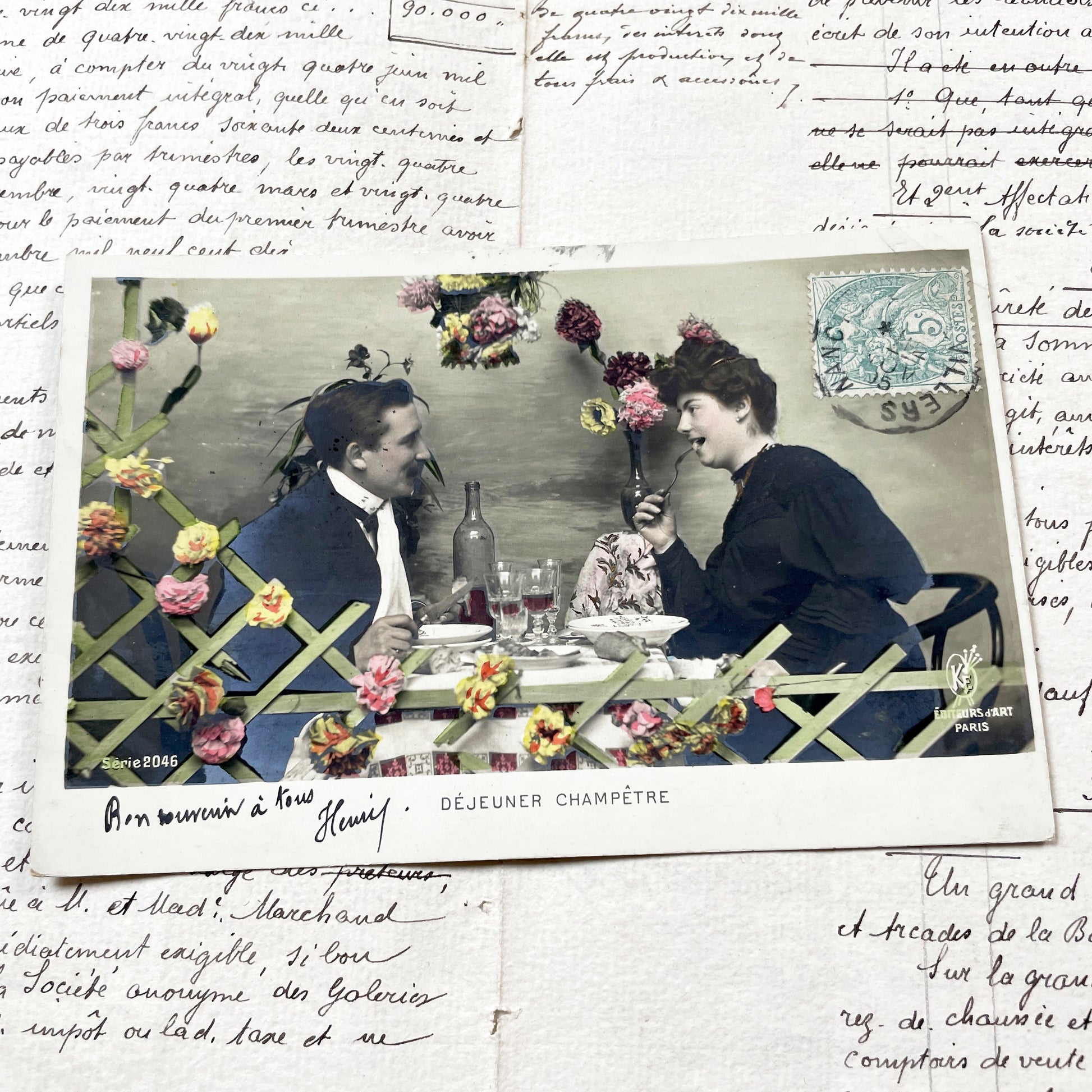 1900s - Antique French Déjeuner Champêtre Postcard - Nancy 1905 Postmark - Belle Epoque Ephemera - Collectible