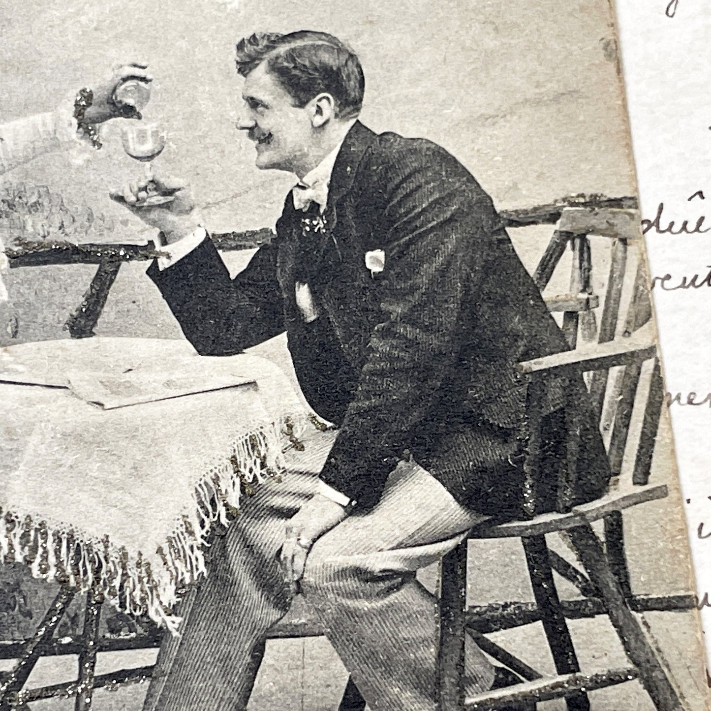 1900s - Edwardian Romantic Couple Postcard - Vintage Sepia Photo - Glitter Embellished - Elegant Belle Epoque Art - French Ephemera Card