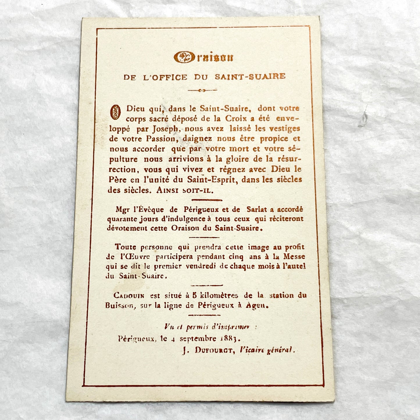 Late 19th - Religious Pilgrimage Souvenir Card - Holy Shroud of Cadouin Relic Card - Antique Catholic Memorabilia - France