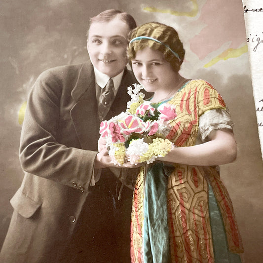 1910s - Vintage French Idylle Postcard - Sepia Photo Hand-Colored Young Couple - Romantic Quote Mimosa Publisher - Antique Love Ephemera