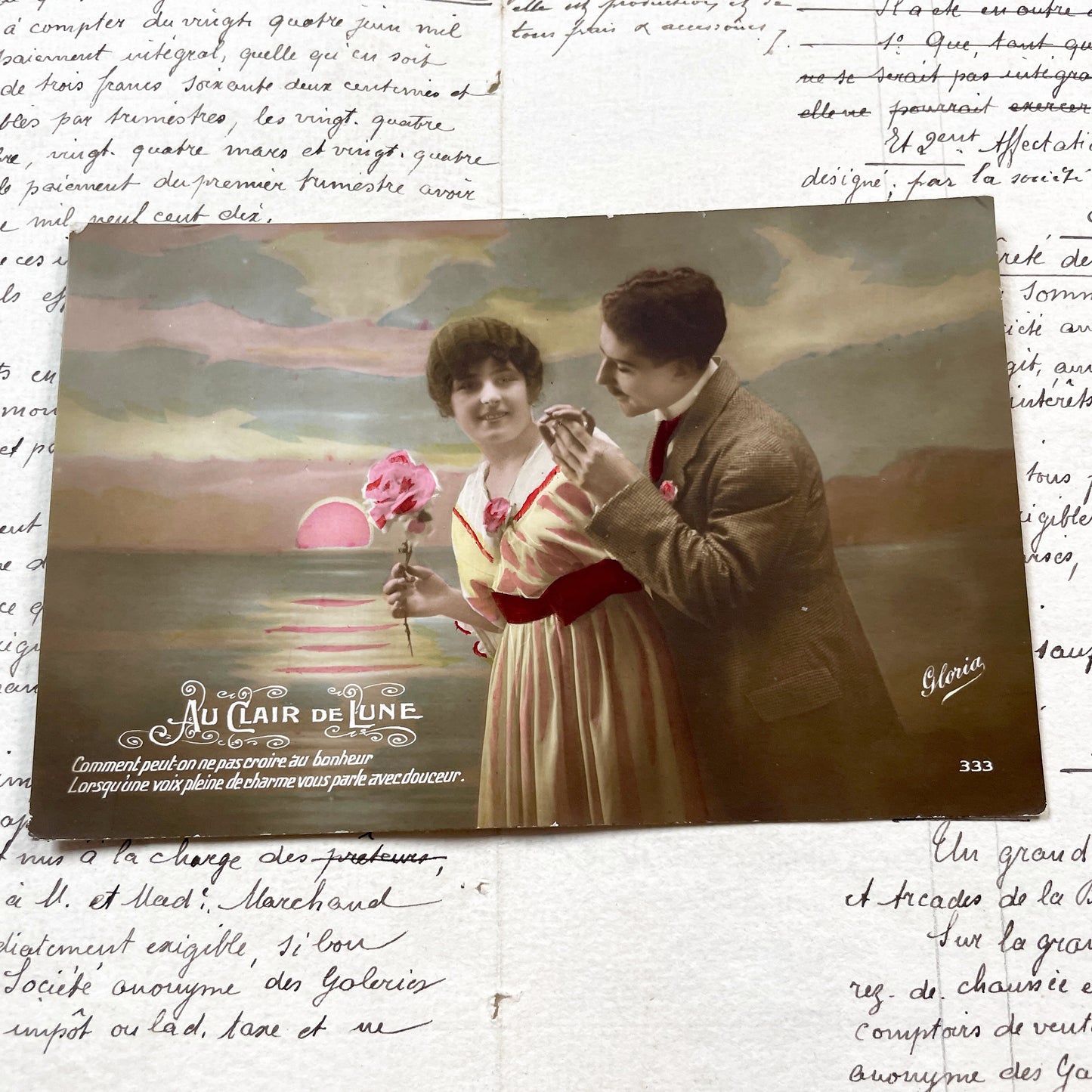 1910s - Romantic Hand-Colored Postcard - Edwardian Era Lovers Scene - Vintage French Moonlight Greeting Card - Ephemera Collectible