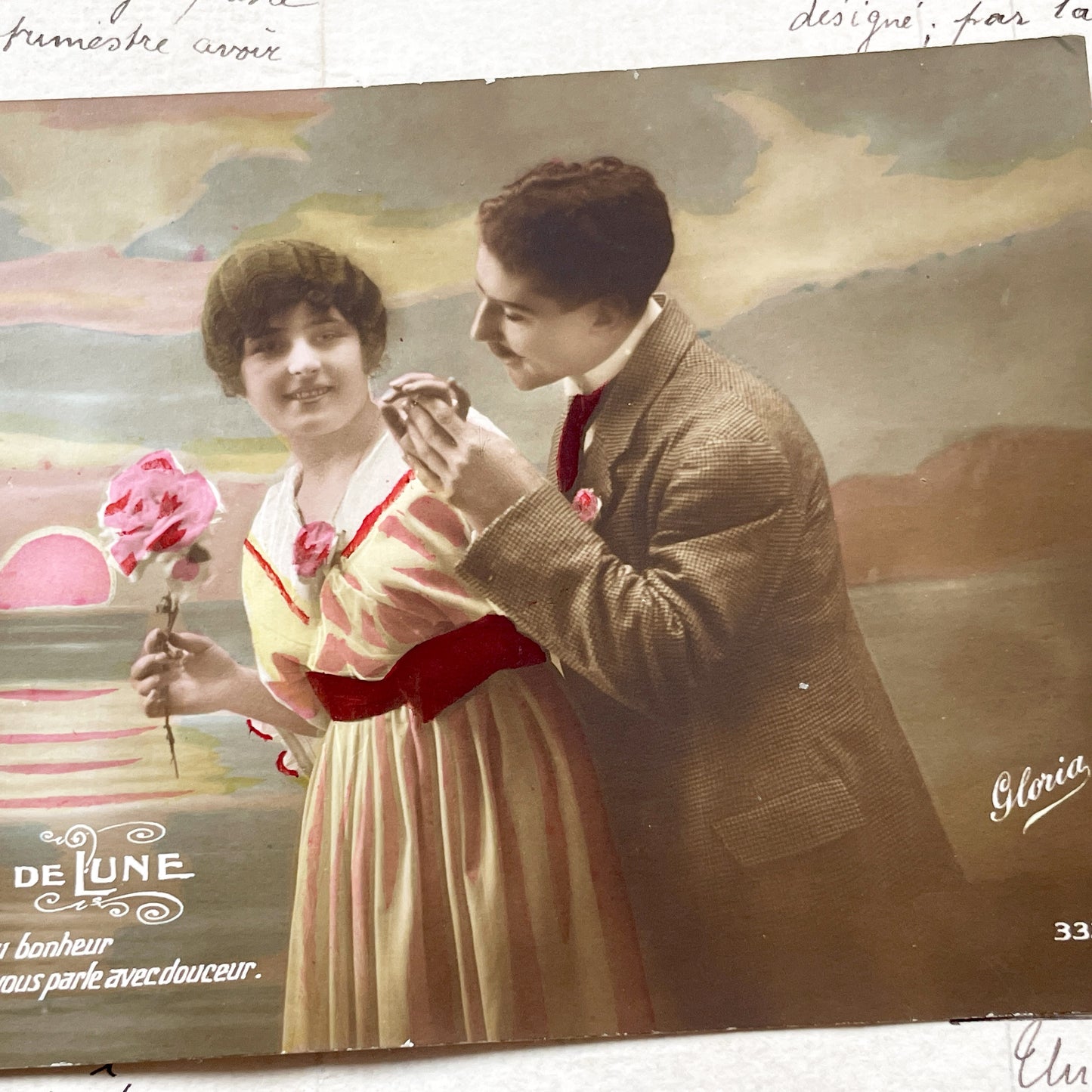 1910s - Romantic Hand-Colored Postcard - Edwardian Era Lovers Scene - Vintage French Moonlight Greeting Card - Ephemera Collectible