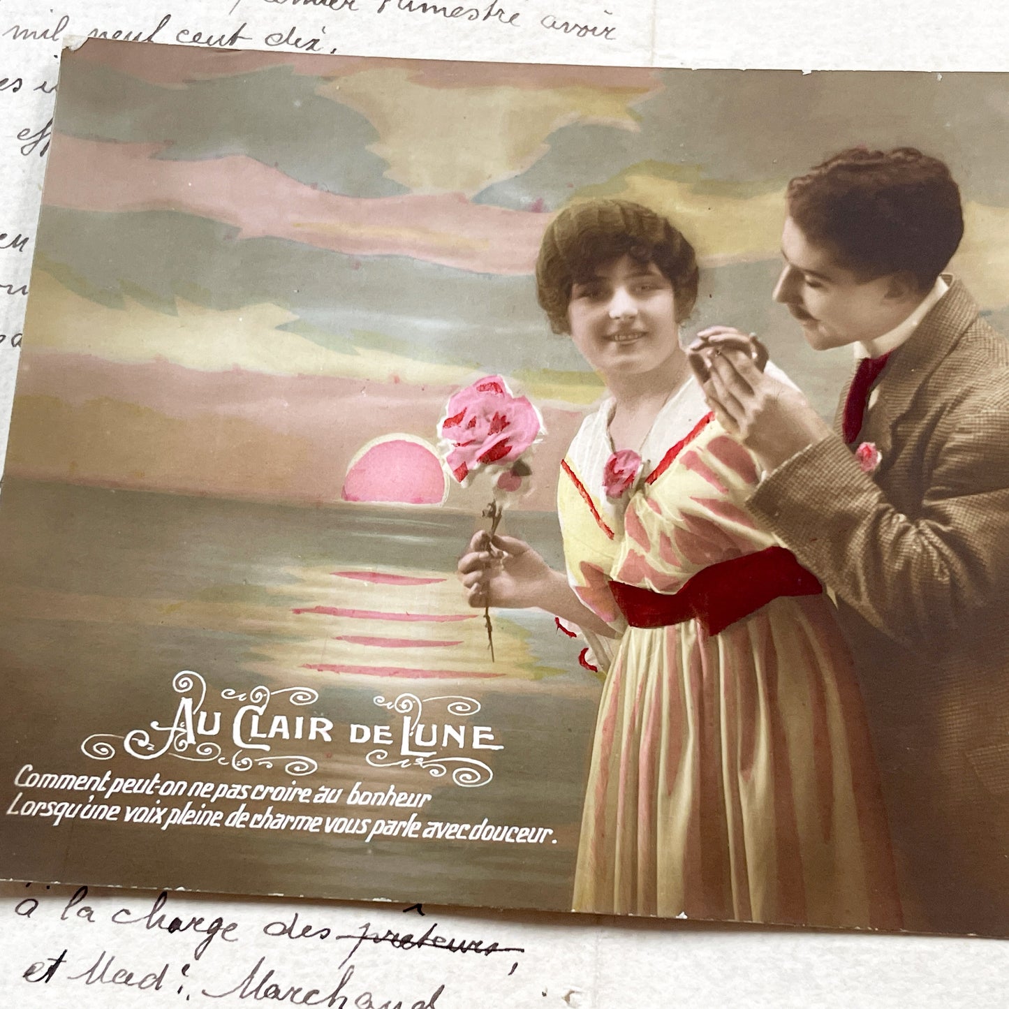 1910s - Romantic Hand-Colored Postcard - Edwardian Era Lovers Scene - Vintage French Moonlight Greeting Card - Ephemera Collectible