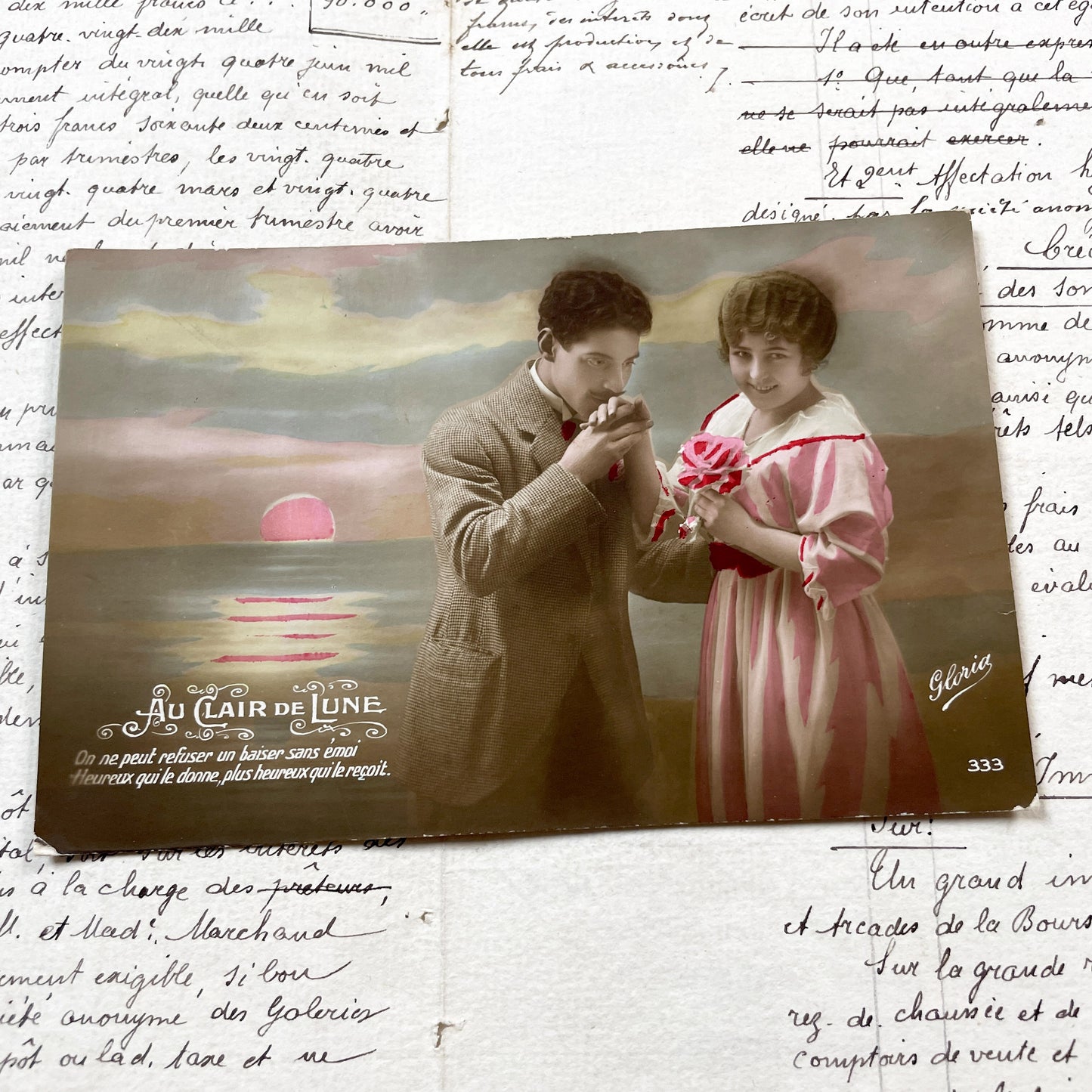 1910s - Romantic Hand-Tinted Postcard - Edwardian Couple - Love Scene - 'Au Clair de Lune' - Vintage French Art - Antique Collectible