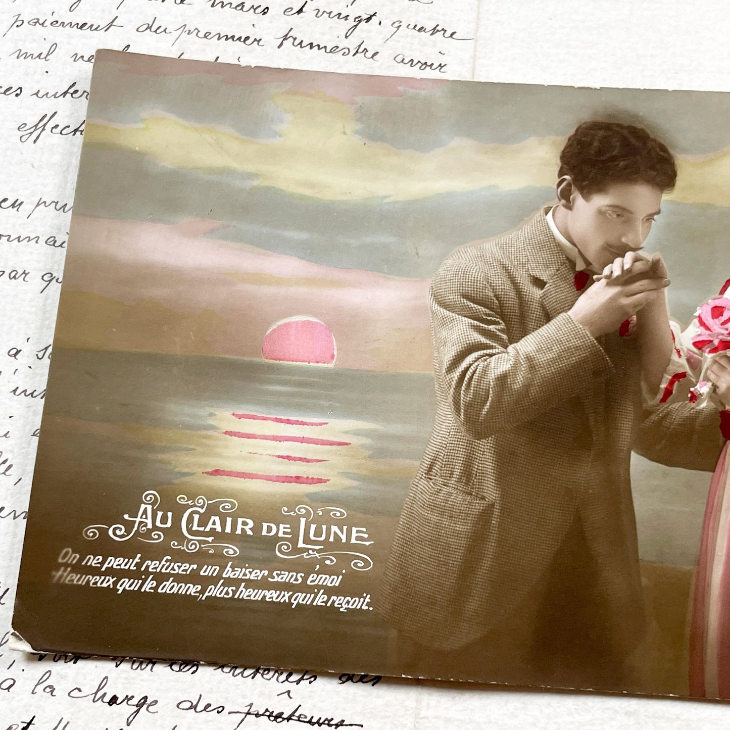 1910s - Romantic Hand-Tinted Postcard - Edwardian Couple - Love Scene - 'Au Clair de Lune' - Vintage French Art - Antique Collectible