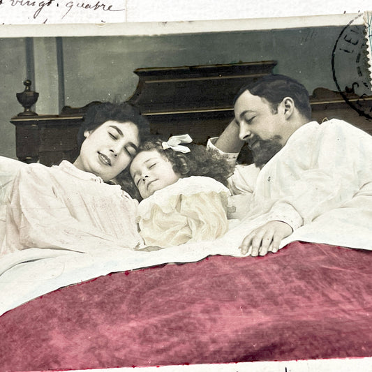 1900s - Vintage Real Photo Postcard - Intimate Family Portrait - Mother Father Child in Bed - Hand-Colored Sweet Childhood