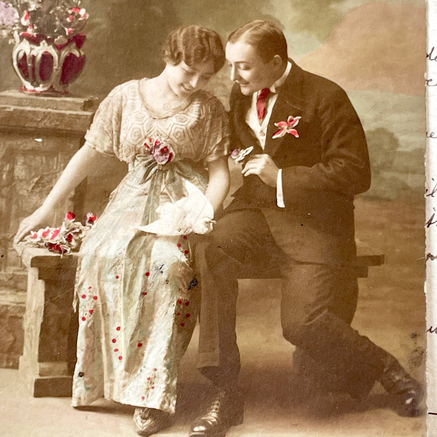 1910s - Romantic Tinted Postcard - Young Couple with White Dove - French Poem of Love - Vintage Sentimental Ephemera - Collectible Card