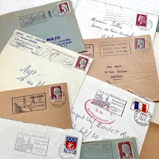 Lot of 20 vintage French envelopes from the 1960s, featuring various postmarks and sender details.