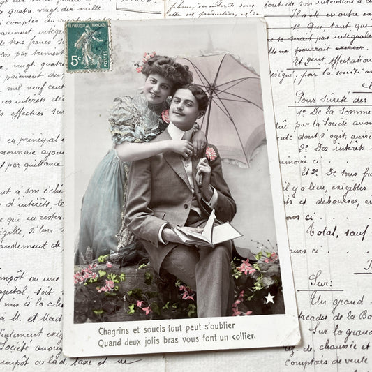 1900s - Romantic French Postcard - Vintage Belle Epoque Couple Embrace - Hand-Colored Sepia Photo - Sentimental Lovers Theme
