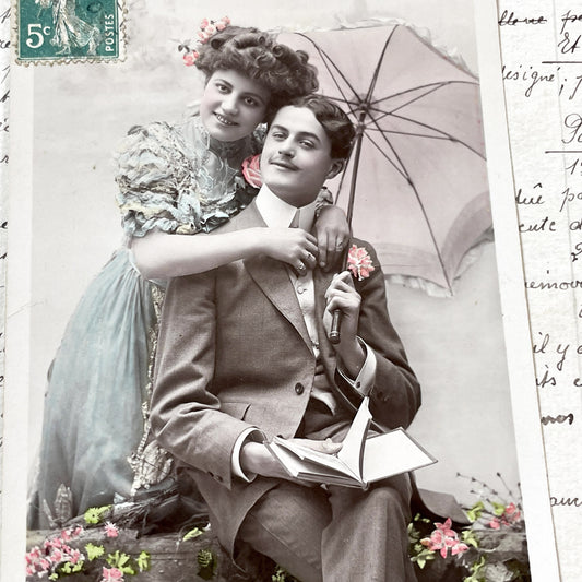 1900s - Romantic French Postcard - Vintage Belle Epoque Couple Embrace - Hand-Colored Sepia Photo - Sentimental Lovers Theme