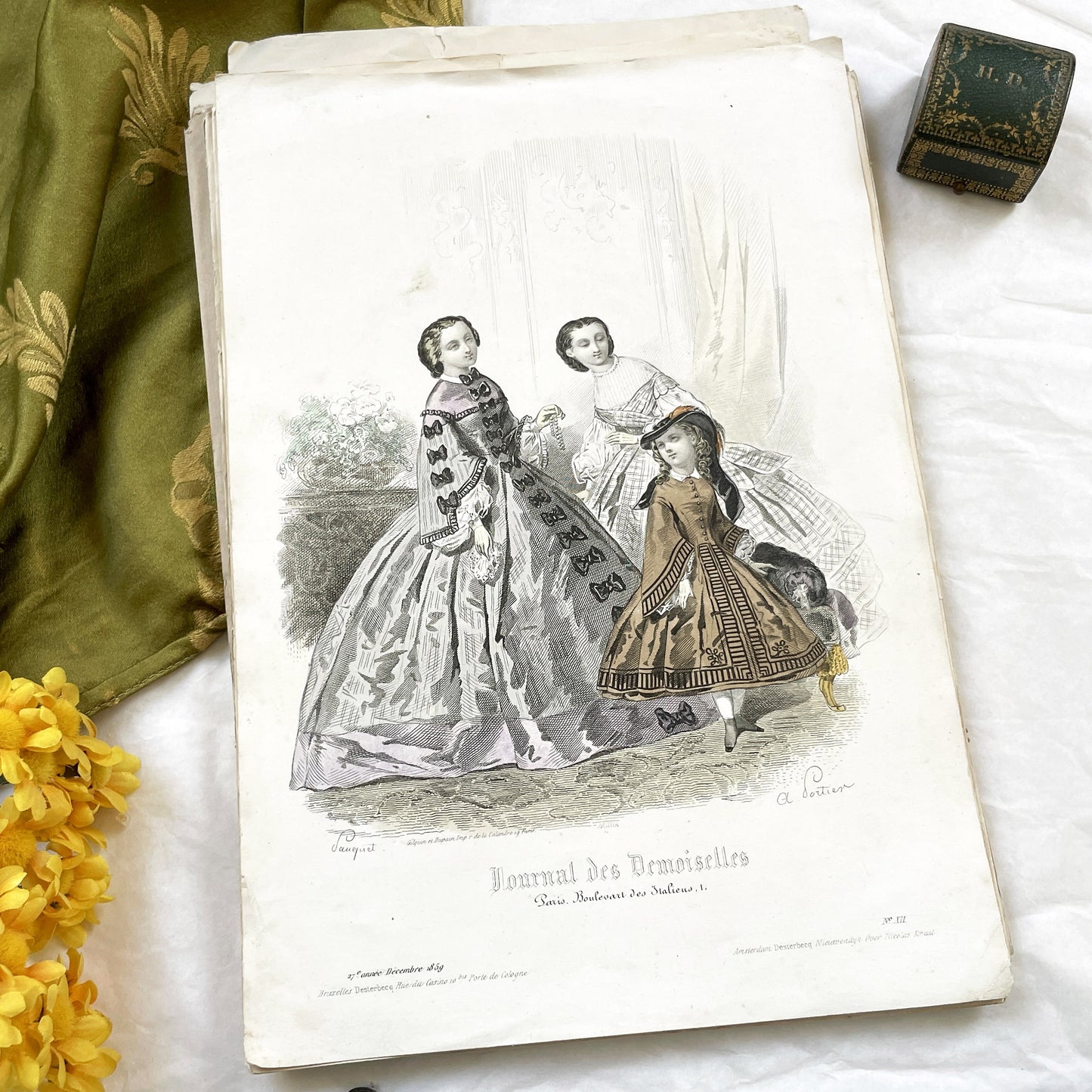 1850s - Original Hand-Colored Parisian Fashion Plate from Journal des Demoiselles - Victorian Era Ladies and Girls Attire - Engraved Print