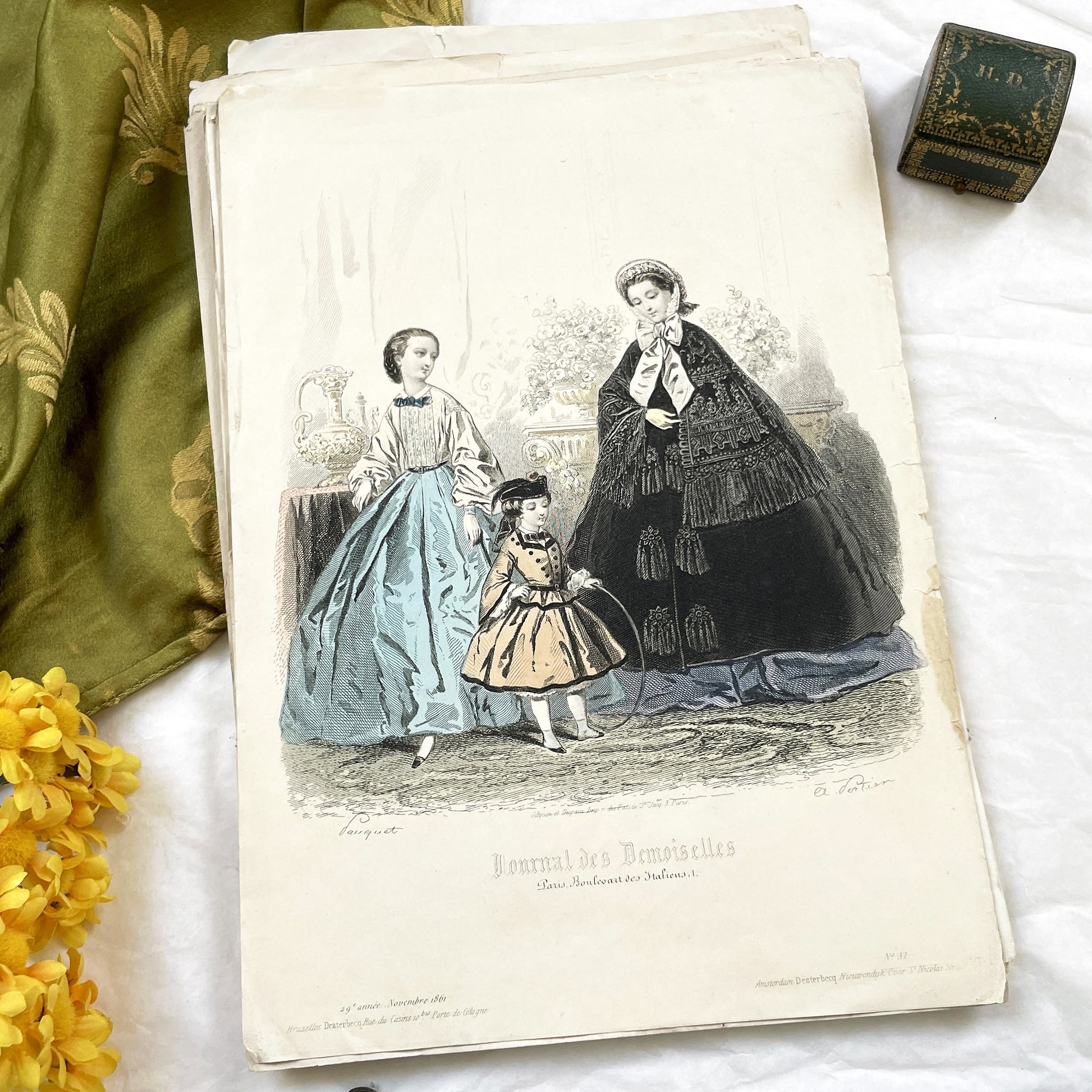 1860s - Elegant French Fashion Engraving - Hand-Colored Journal des Demoiselles Illustration - Antique Women's and Children's Fashion Print