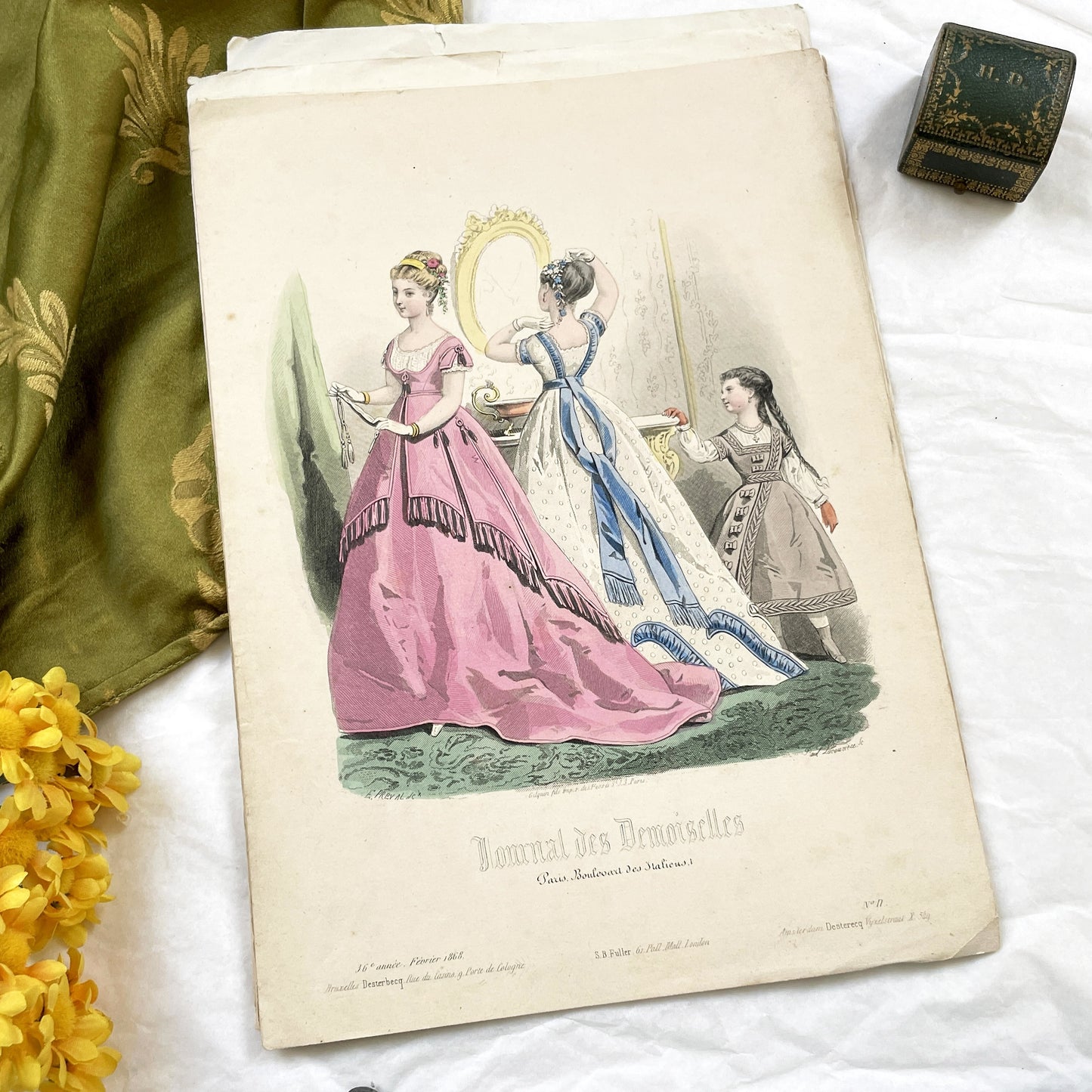 1860s - Original Hand-Colored French Fashion Plate - Journal des Demoiselles - Elegant Victorian Era Women's Attire Print - February 1868