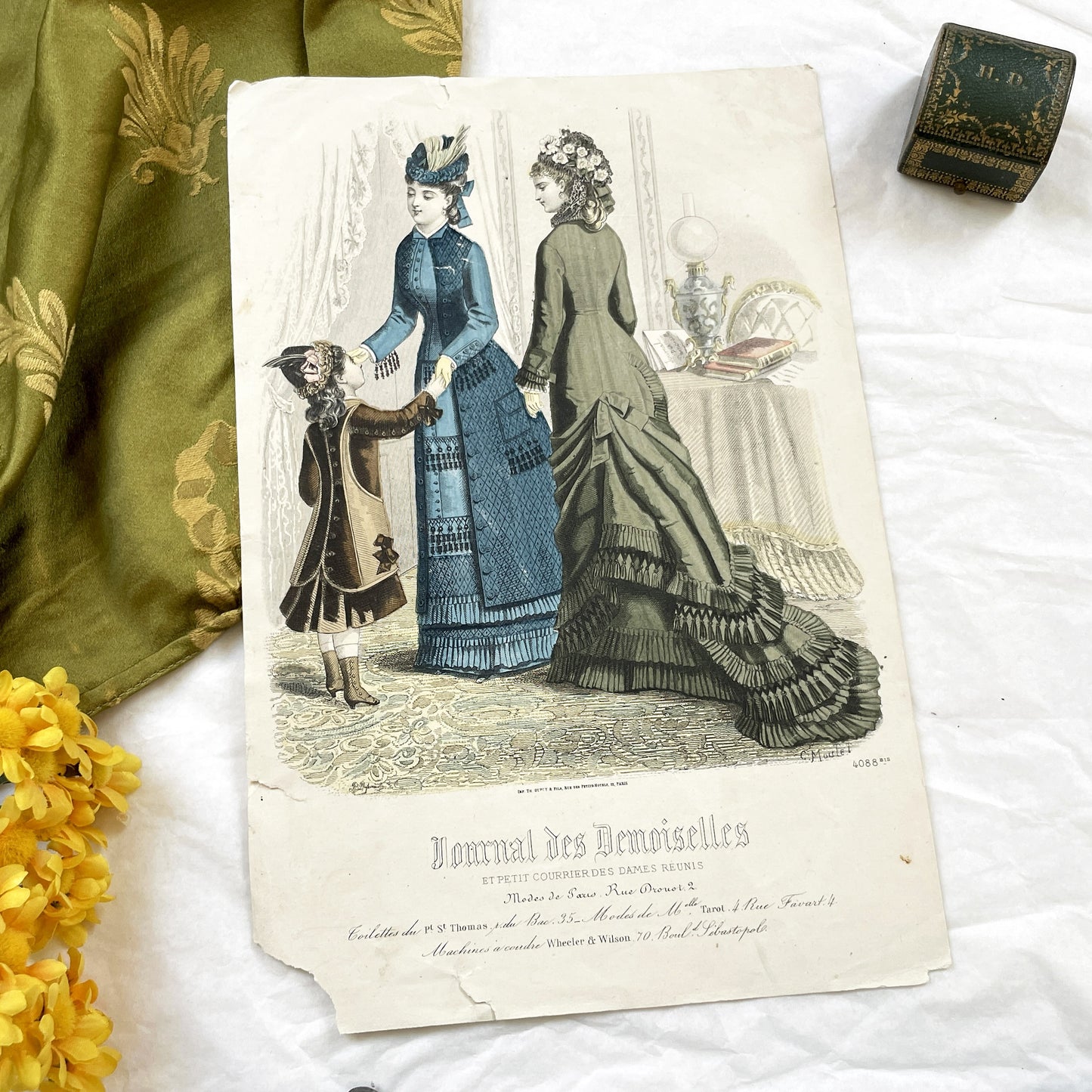 1880s - Rare Journal des Demoiselles Fashion Print - Victorian French Style Plate with Bustle Dresses & Child - Paris Art