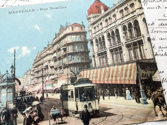 1900s - Marseille Historic Rue Noailles Postcard - Vintage French Cityscape Tramway Ephemera Collectible - Antique Street Scene