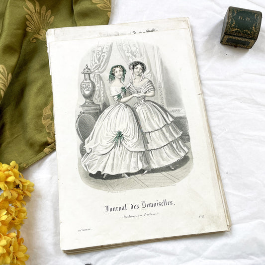 1850s - Journal des Demoiselles Fashion Plate - French Victorian Gown Engraving - Elegant Ladies - Parisian Boudoir Chic