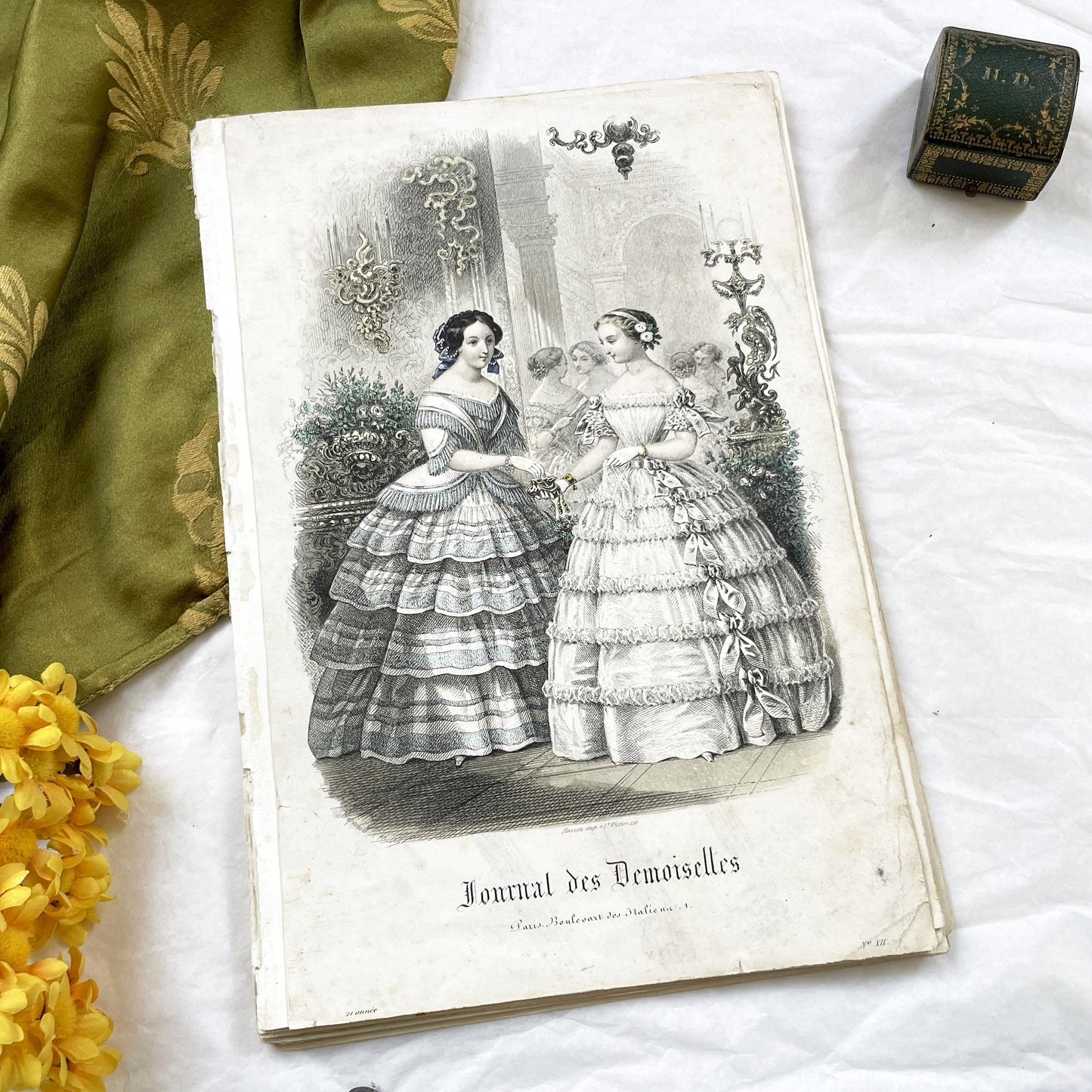 1850s - Exquisite Antique French Fashion Plate - Hand-Colored Engraving - Elegant Parisian Ball Gowns from 19th Century