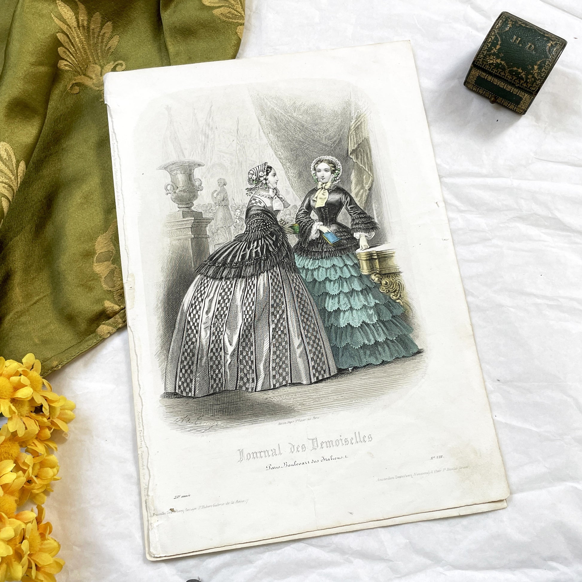 1850s - Antique French Fashion Plate - Journal des Demoiselles - Original Hand-Colored Print - Victorian Era Women's Style Illustration