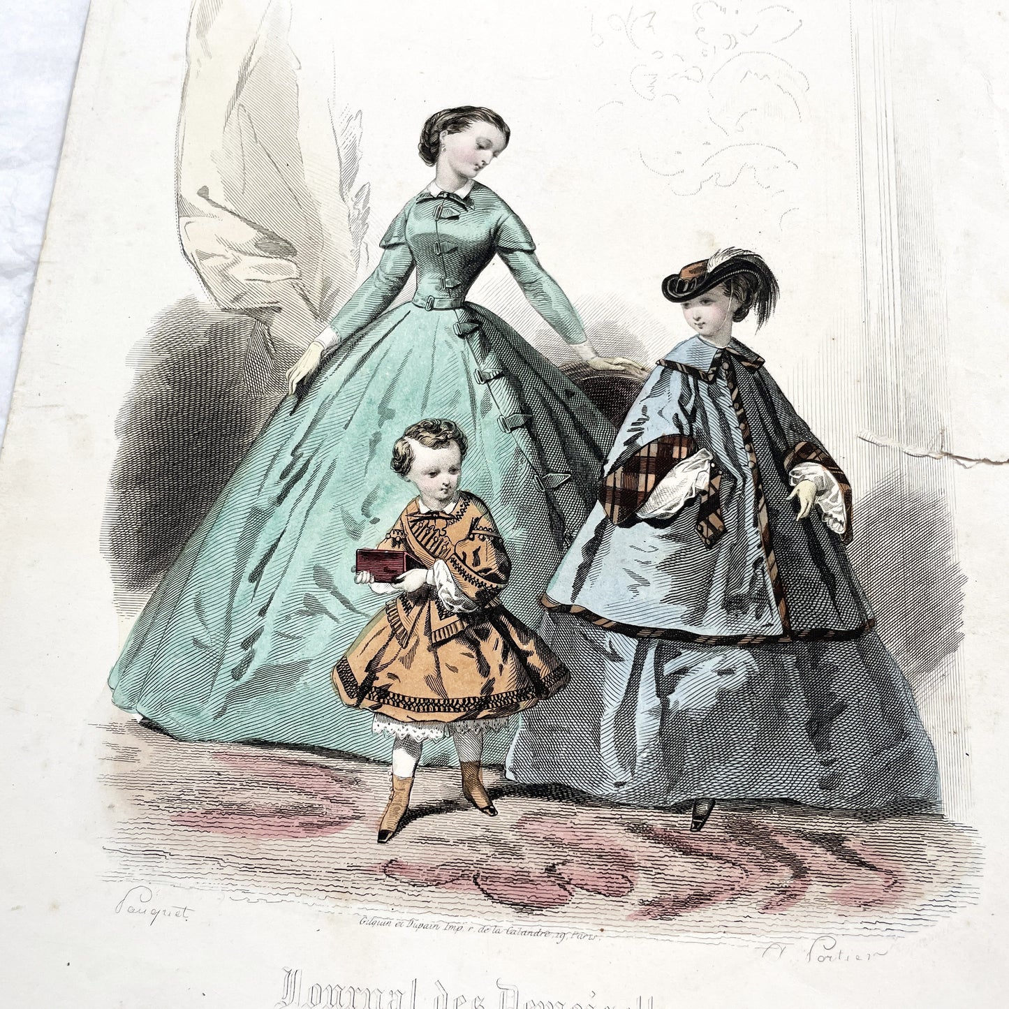 1850s - French Fashion Plate - Journal des Demoiselles - Original Hand-Colored Engraving - Victorian Crinoline Era - Paris Elegance