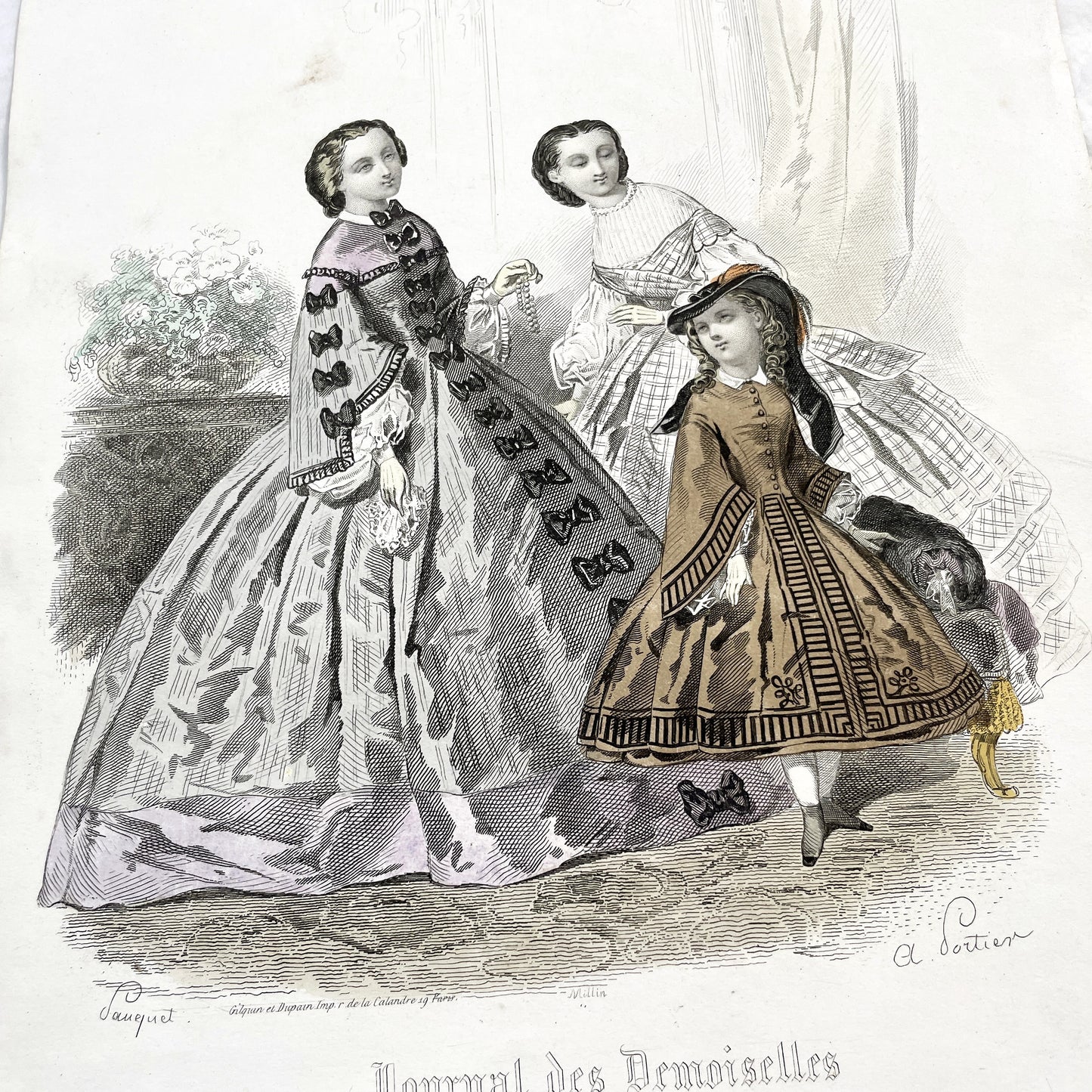 1850s - Original Hand-Colored Parisian Fashion Plate from Journal des Demoiselles - Victorian Era Ladies and Girls Attire - Engraved Print