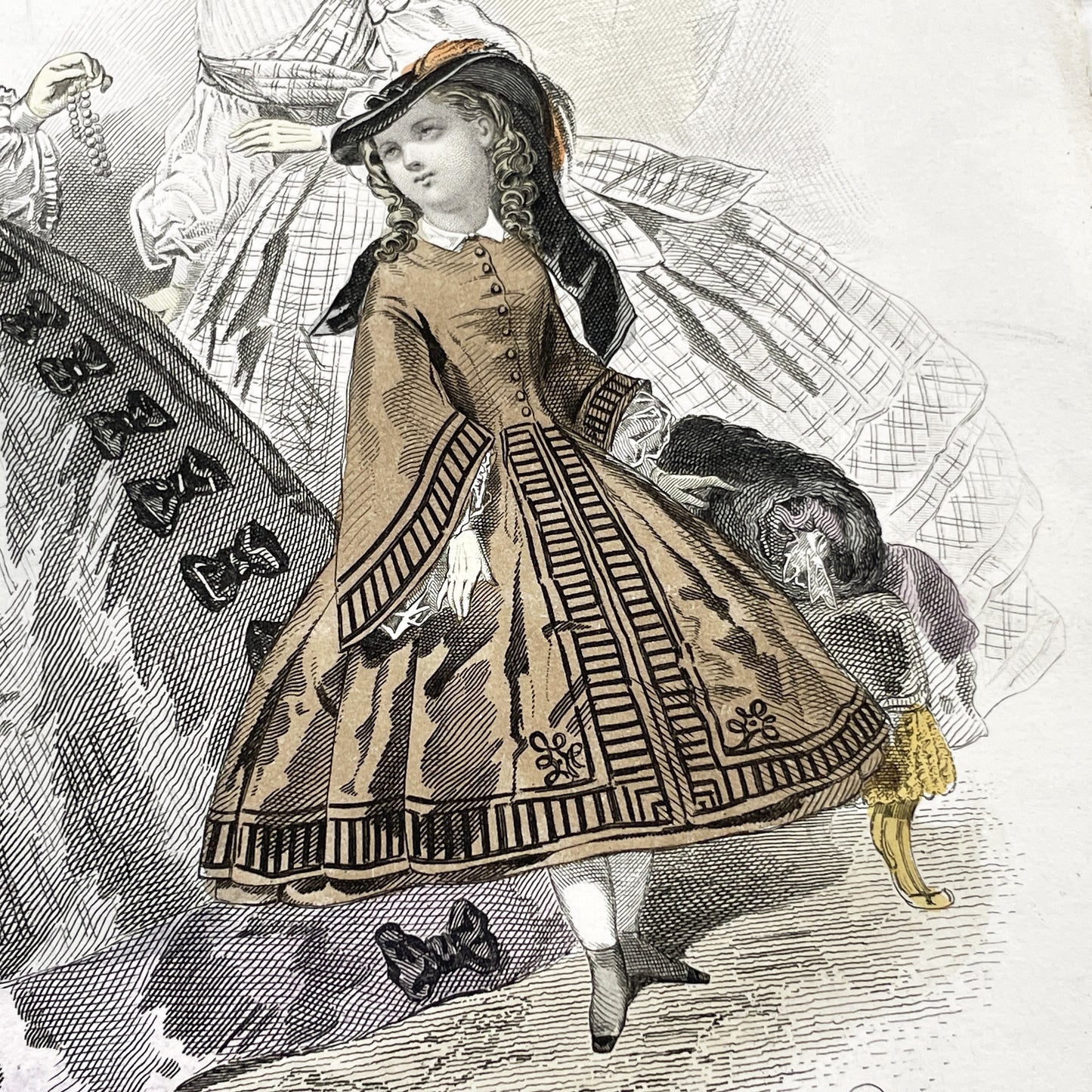 1850s - Original Hand-Colored Parisian Fashion Plate from Journal des Demoiselles - Victorian Era Ladies and Girls Attire - Engraved Print