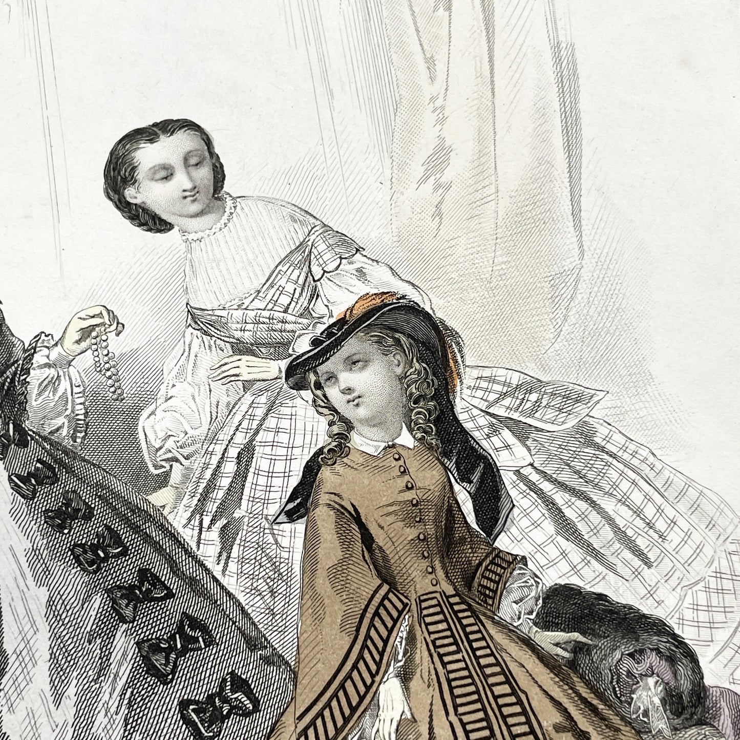 1850s - Original Hand-Colored Parisian Fashion Plate from Journal des Demoiselles - Victorian Era Ladies and Girls Attire - Engraved Print