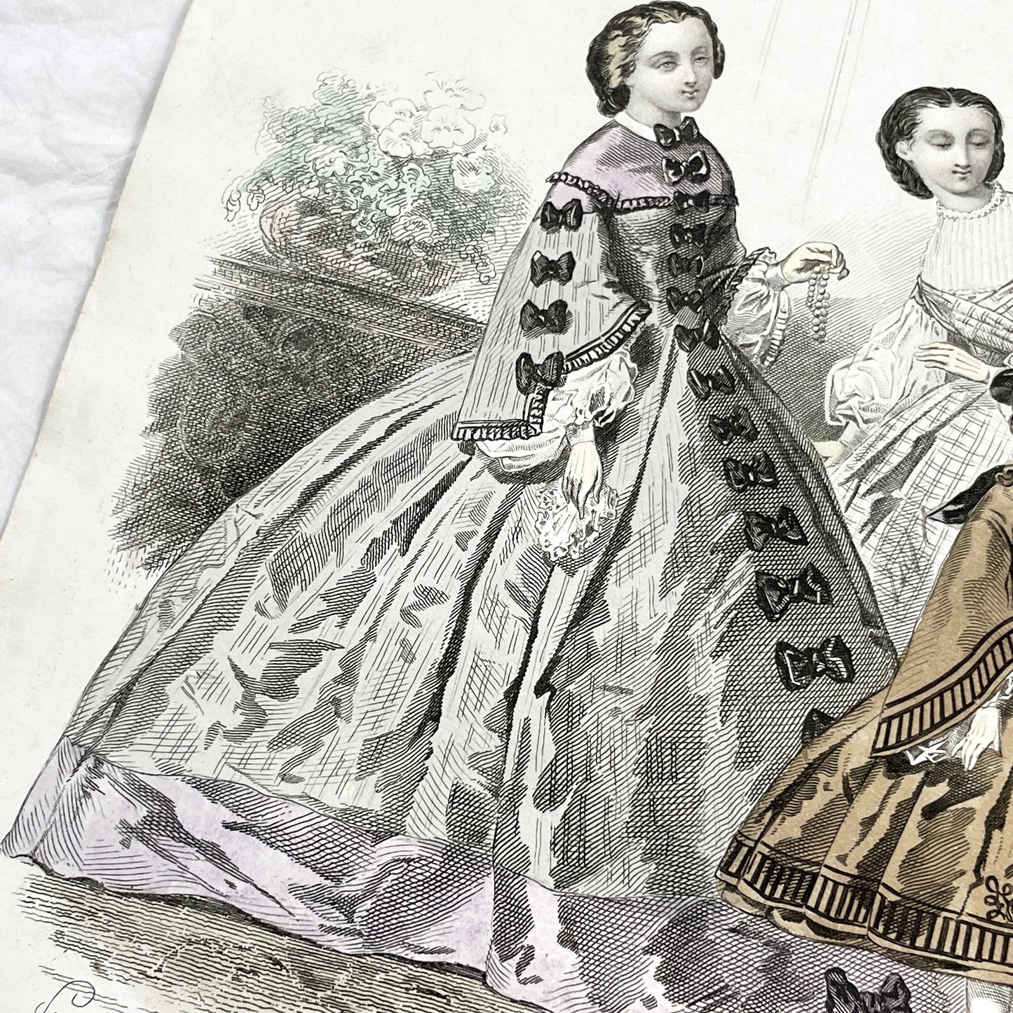 1850s - Original Hand-Colored Parisian Fashion Plate from Journal des Demoiselles - Victorian Era Ladies and Girls Attire - Engraved Print