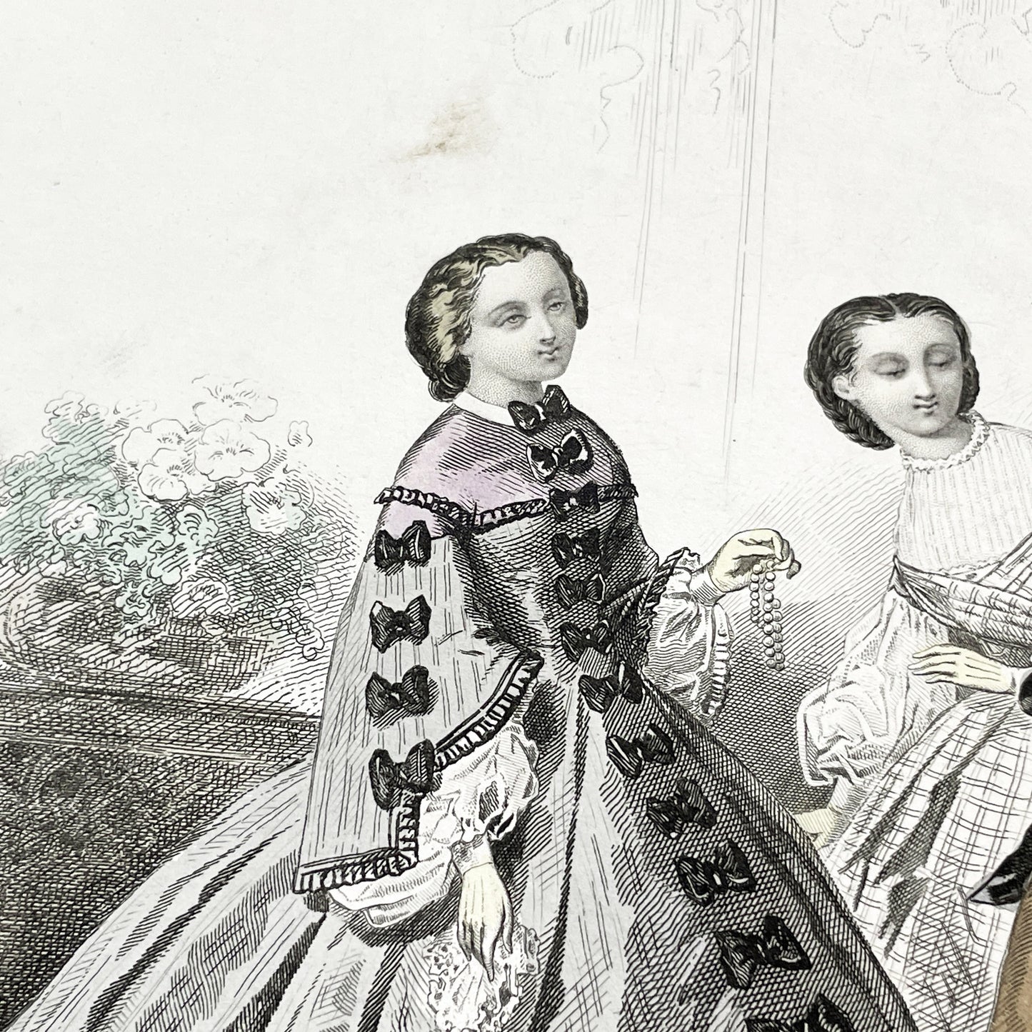 1850s - Original Hand-Colored Parisian Fashion Plate from Journal des Demoiselles - Victorian Era Ladies and Girls Attire - Engraved Print