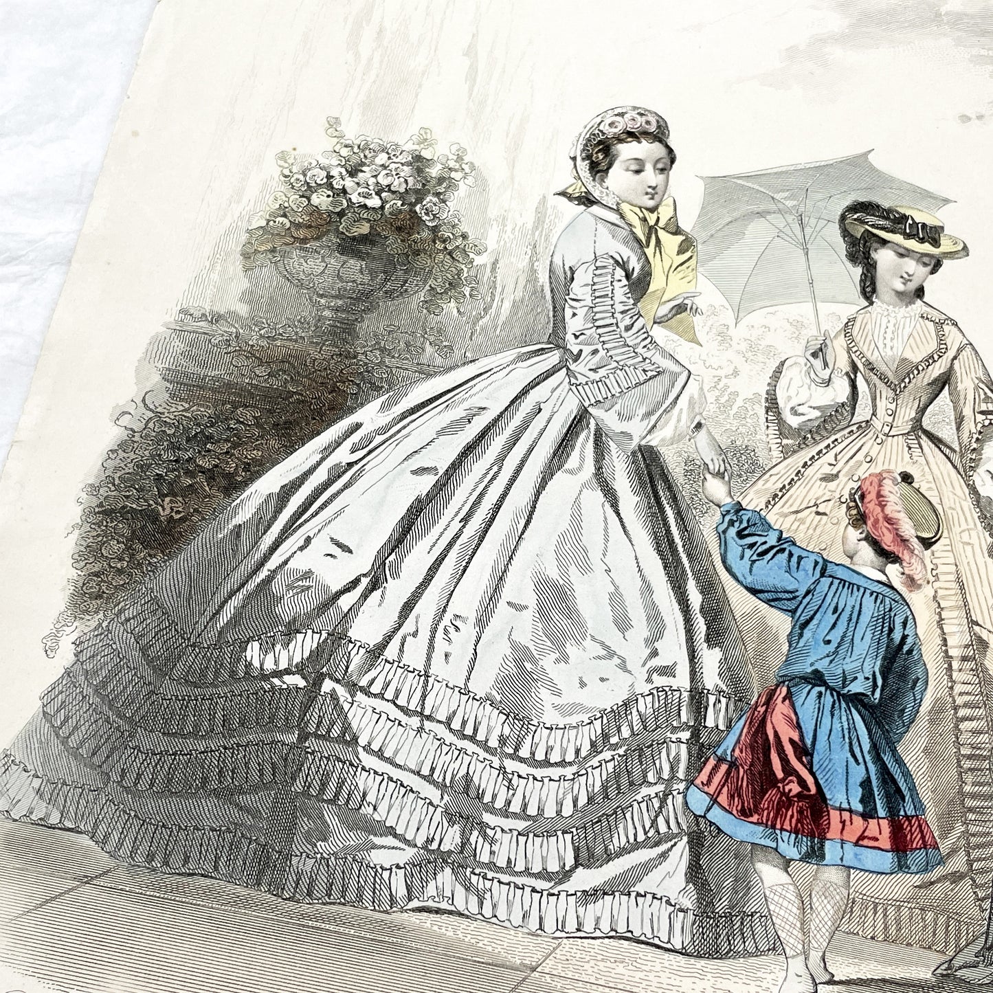 1860s - Exquisite Hand-Colored French Fashion Plate - Journal des Demoiselles - Victorian Era Women's Attire and Child - Paris Boutique Art