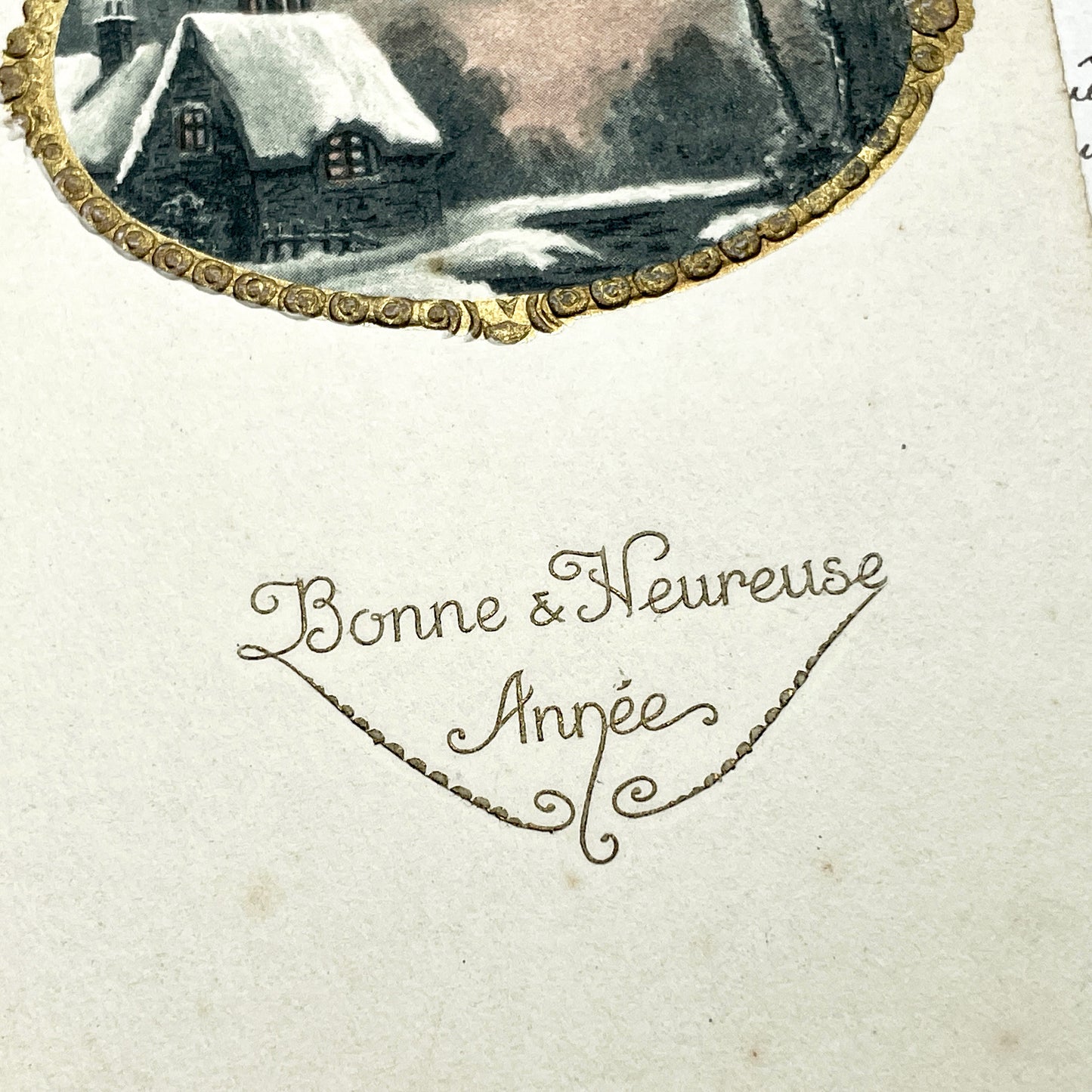 1900s - Antique French New Year Postcard - Vintage Winter Castle Scene - Art Nouveau Border - 1908 Collectible Ephemera - Handwritten Note