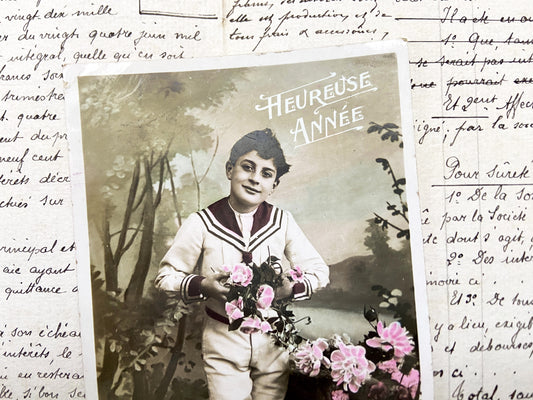 1900s - Antique French Boy Sailor Suit Postcard - Hand-Tinted Flowers Portrait - Edwardian Era Children Collectible - J.C. Paris