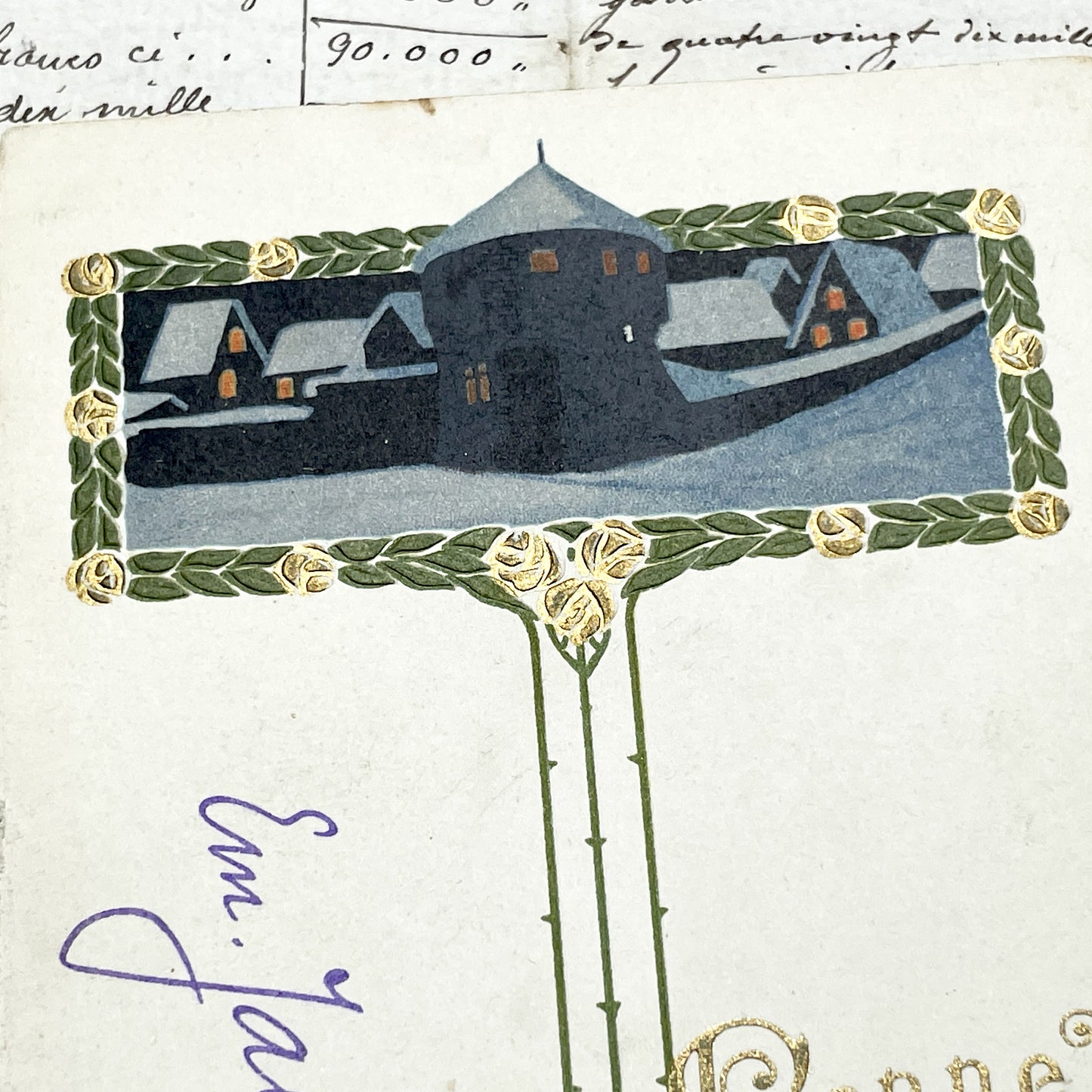 1900s - Vintage French New Year Greeting Card - Antique Winter Cottage Scene - Gilded Embossed Oval Chromolithograph Art