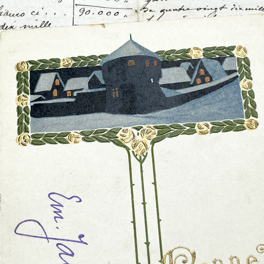 1900s - Vintage French New Year Greeting Card - Antique Winter Cottage Scene - Gilded Embossed Oval Chromolithograph Art